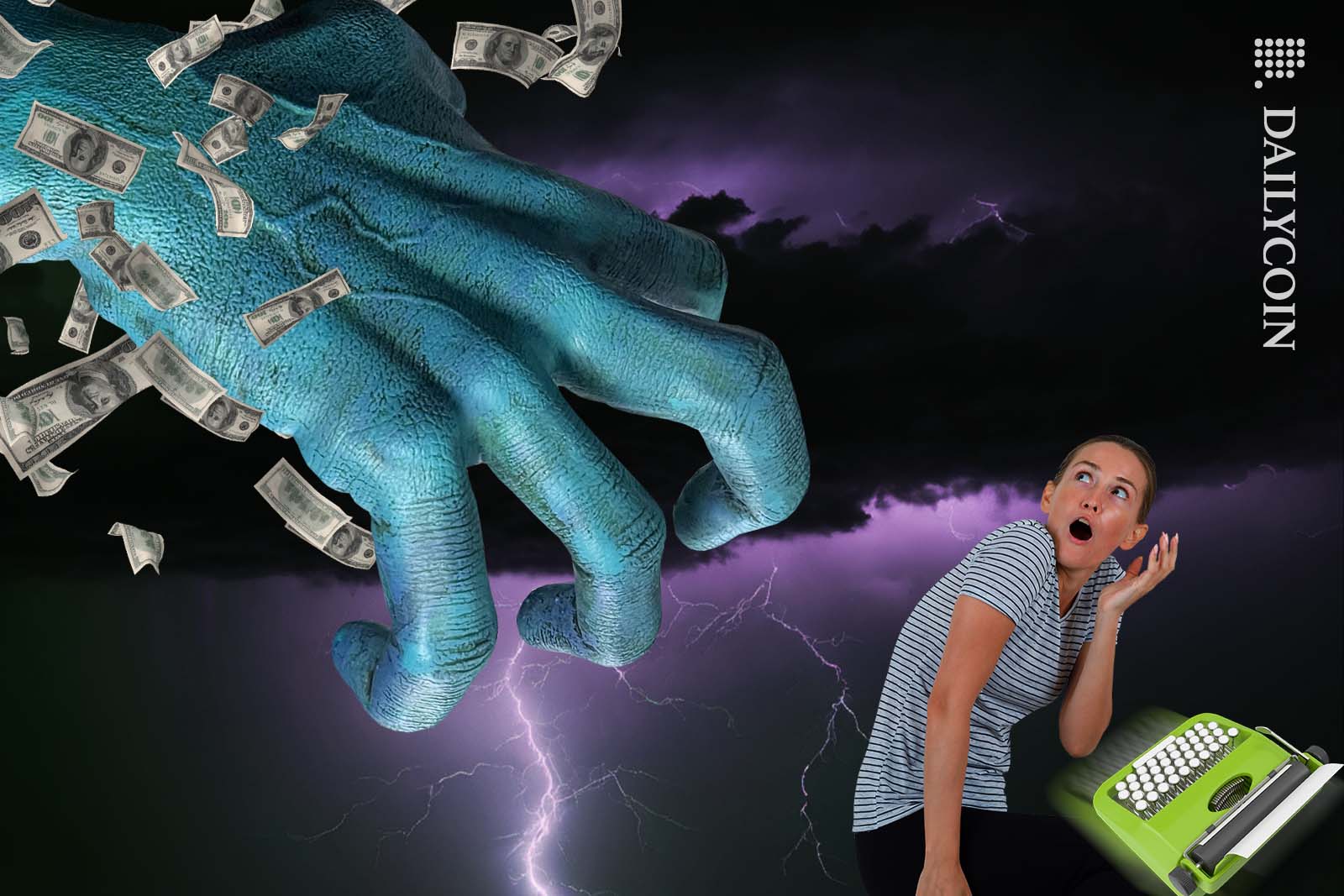 Youg writer girl being attacked by a gigantic monsterous hand from above.