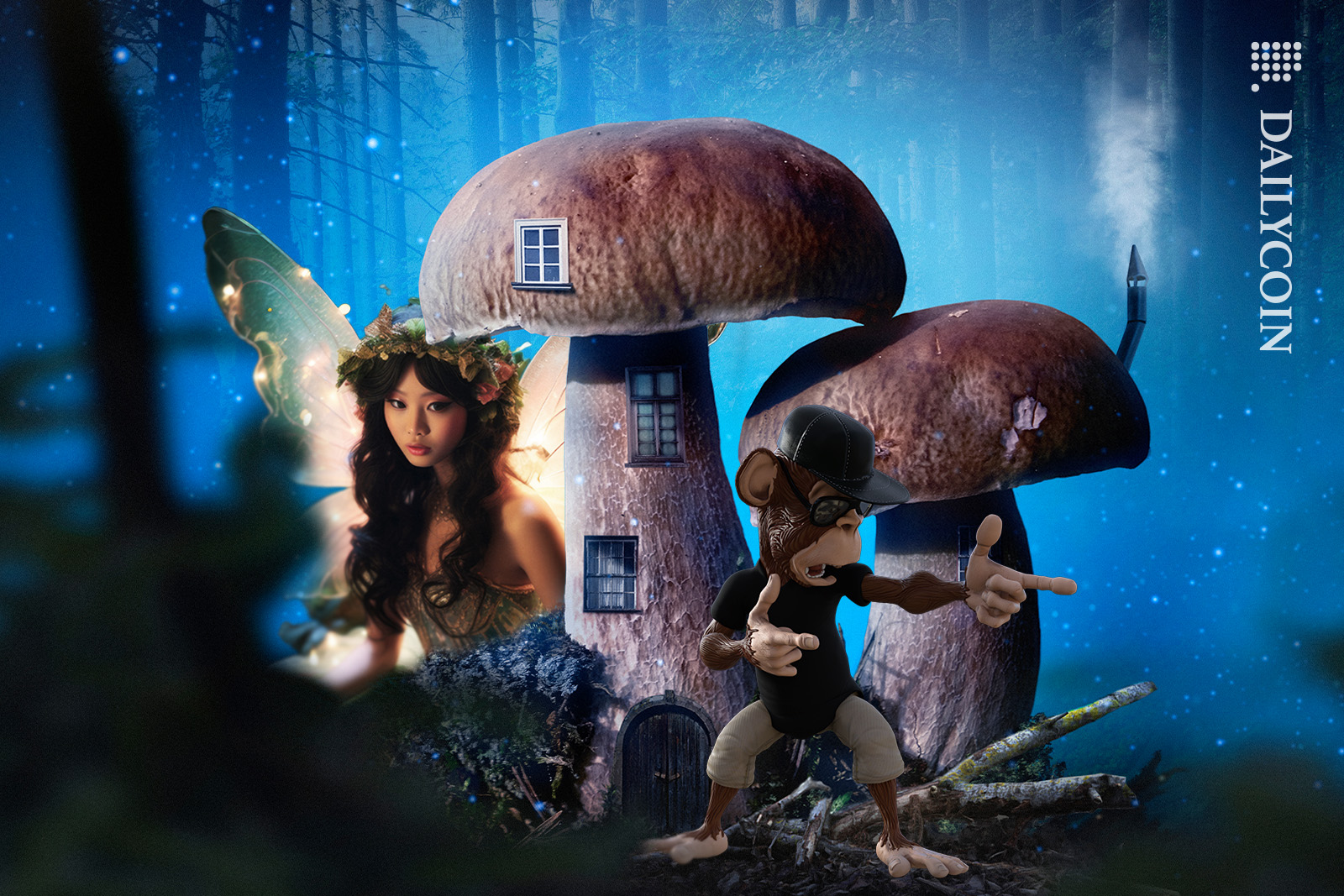 Bored Ape showing off in a magical eden with a fairy watching over him.