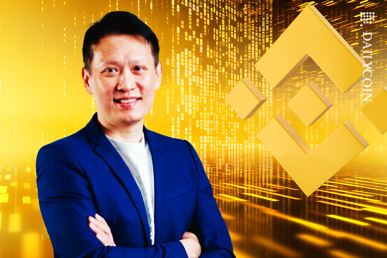 New Binance CEO Richard Teng, smiling in Binance digital space.
