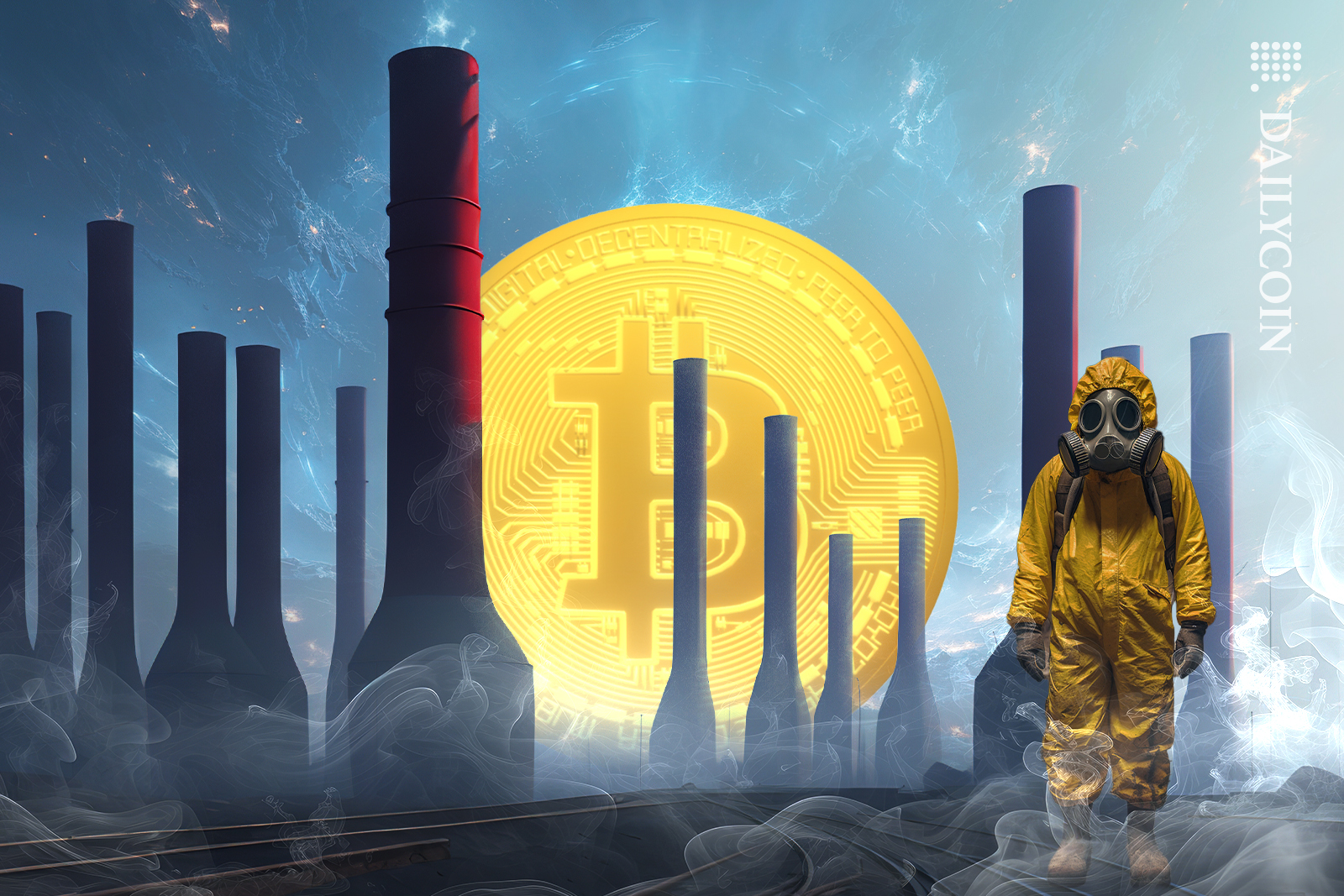 Person in a Bitcoin industrual site, wearing a gas mask and smoke is everywhere.