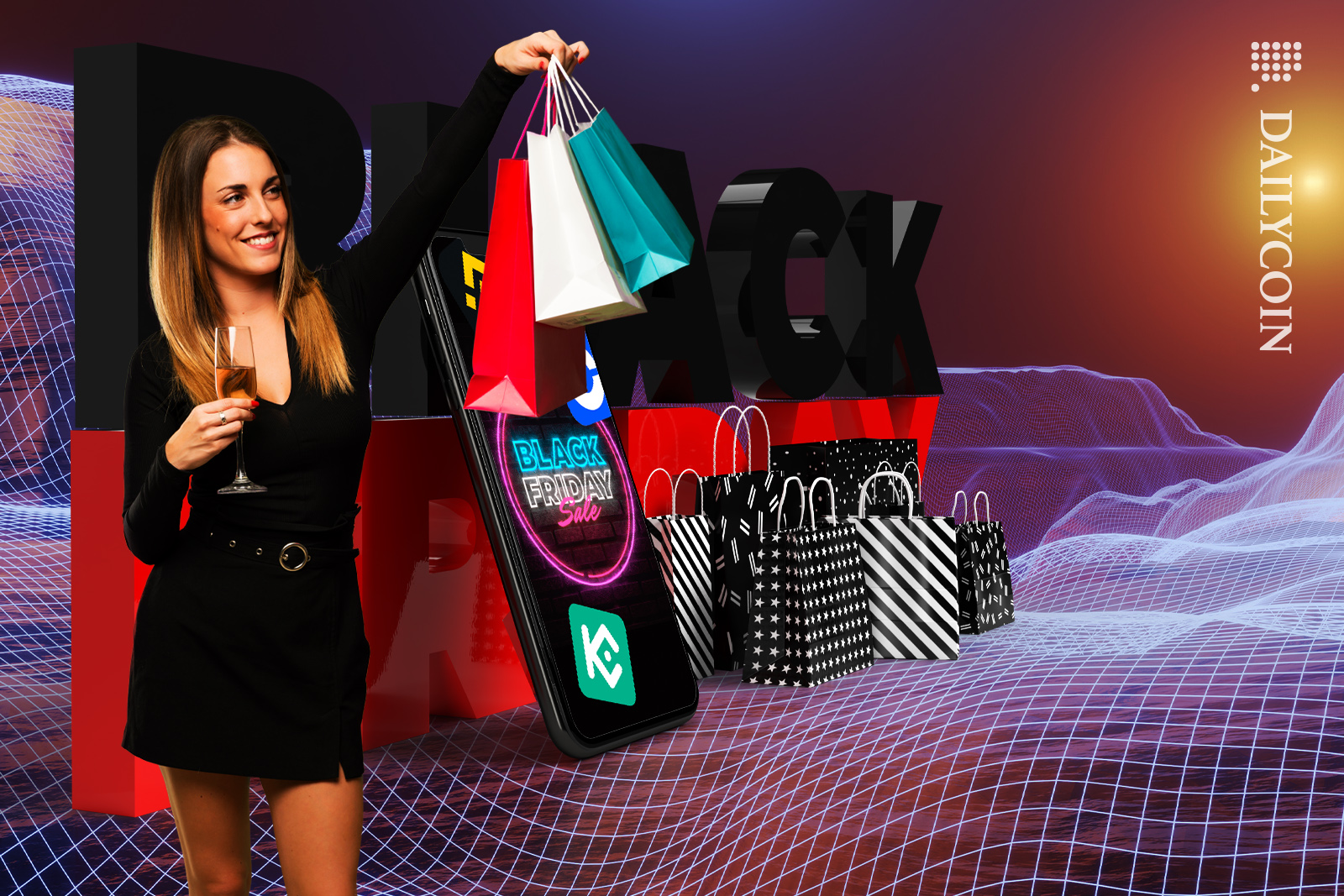 Woman with shopping bags on Black Friday sales.