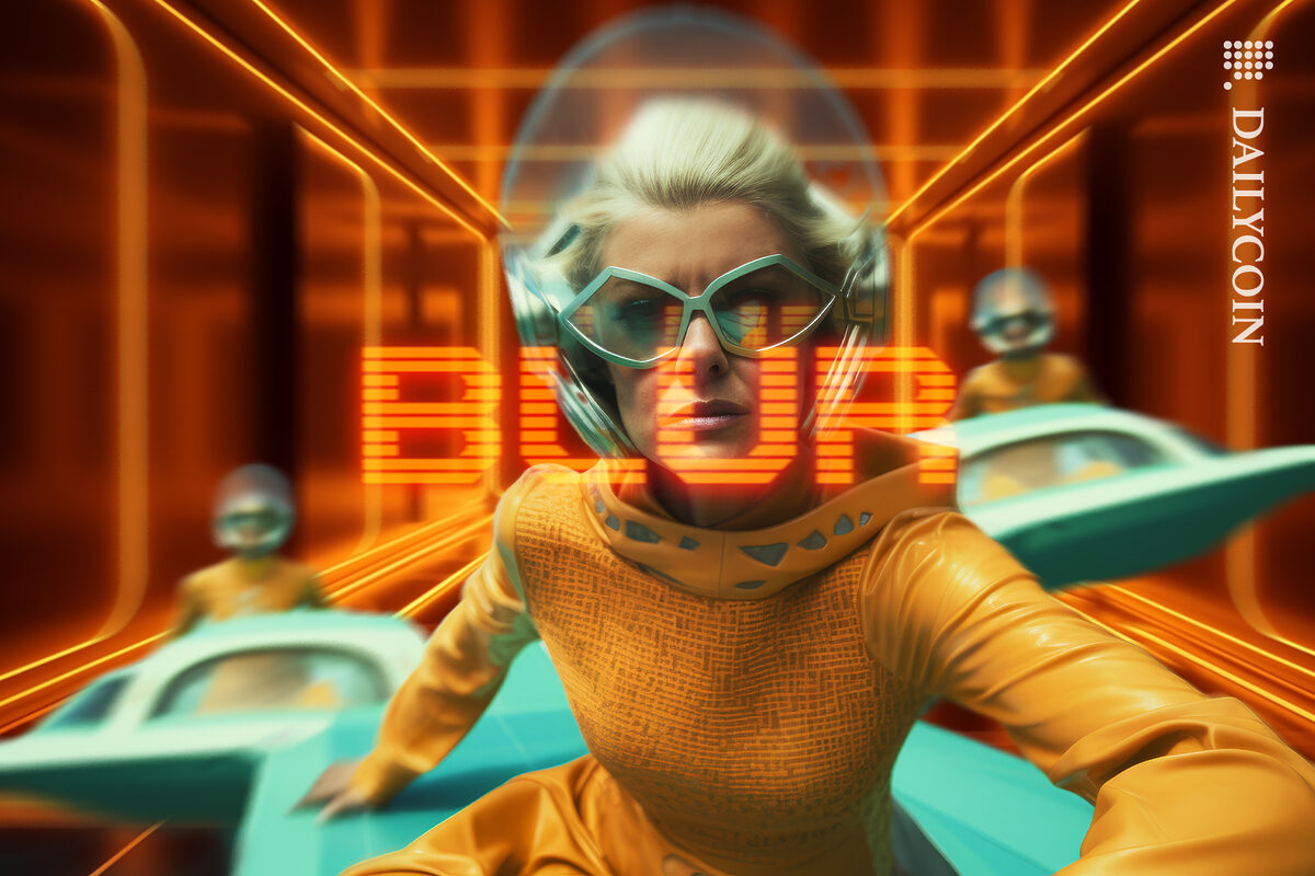 Space woman shooting in spaceships through Blur world.