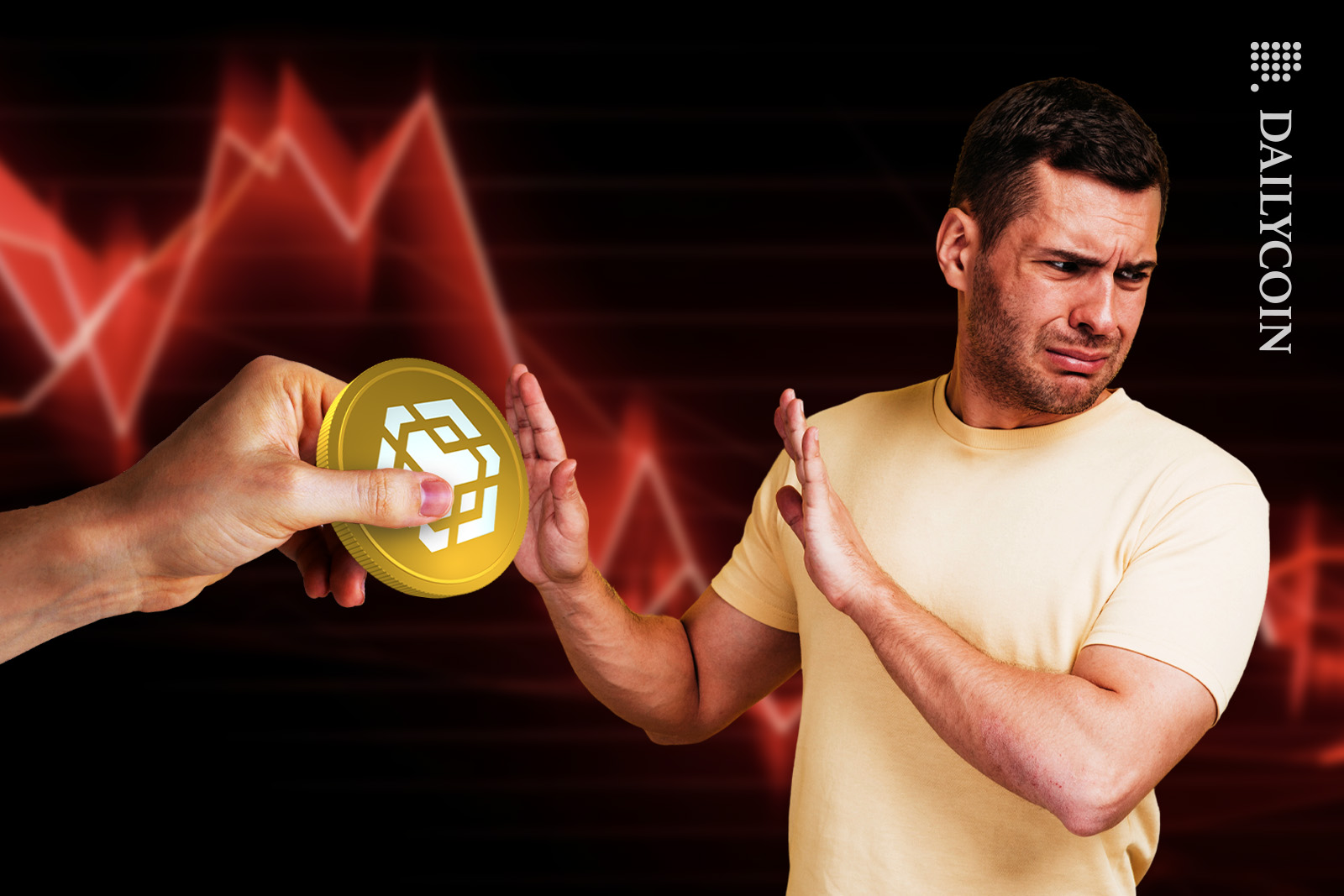 A hand offers to take a BNB coin to a man. The man is refusing, feeling betrayed and upset.