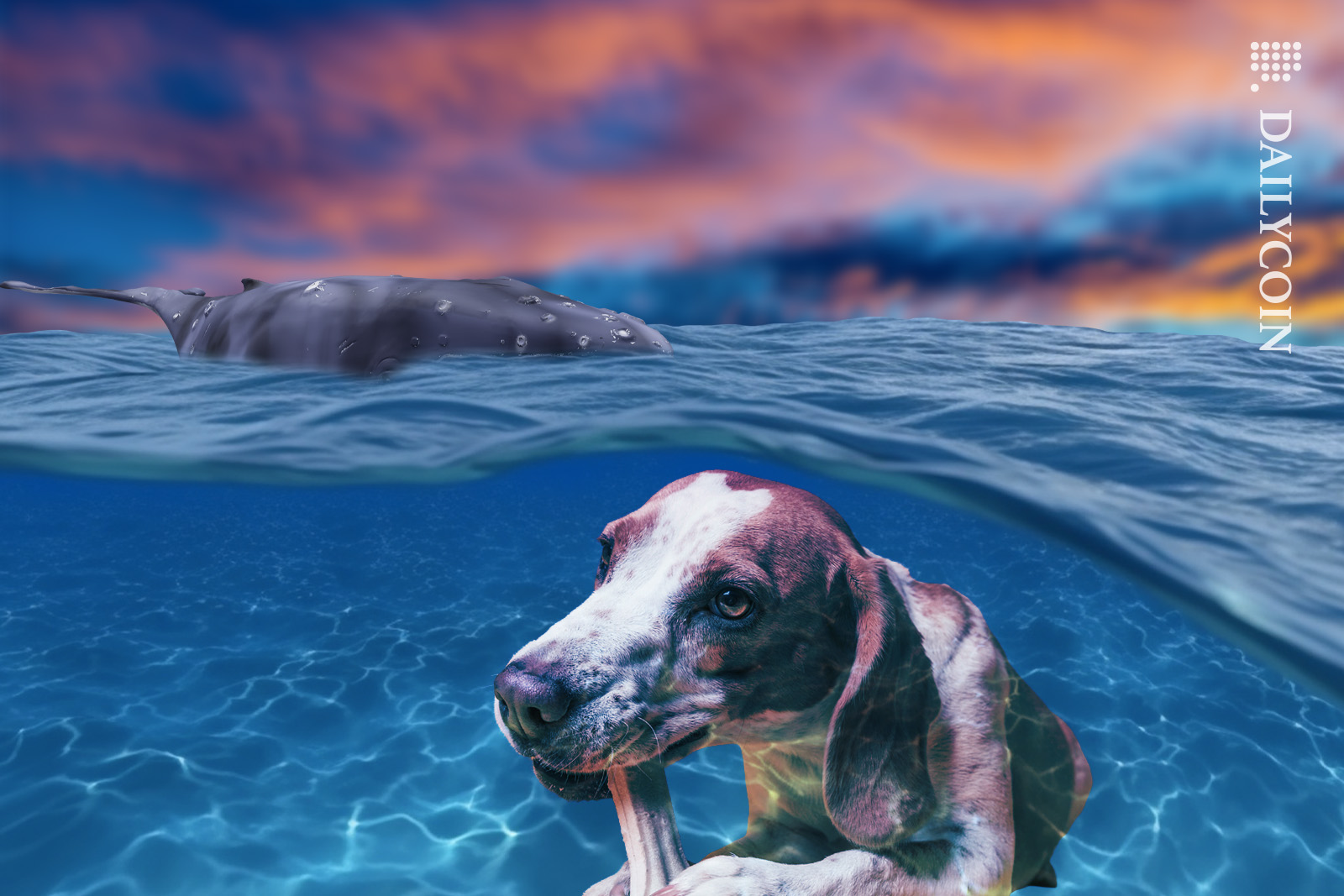 Dog chewing on a Bone underwater and a whale is approaching from behind.