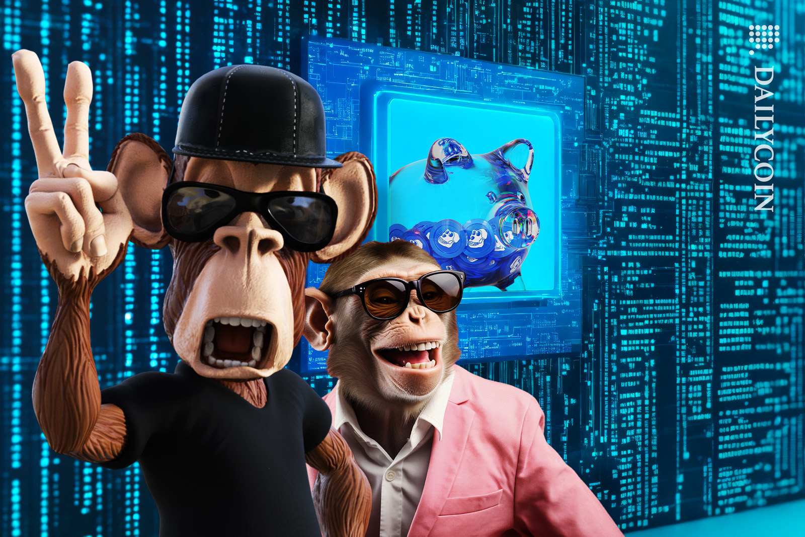 Bored Ape showing two fingers, his monkey angent is happy. Piggy bank safe in the back with APE coins, locked in a blockchain wall.