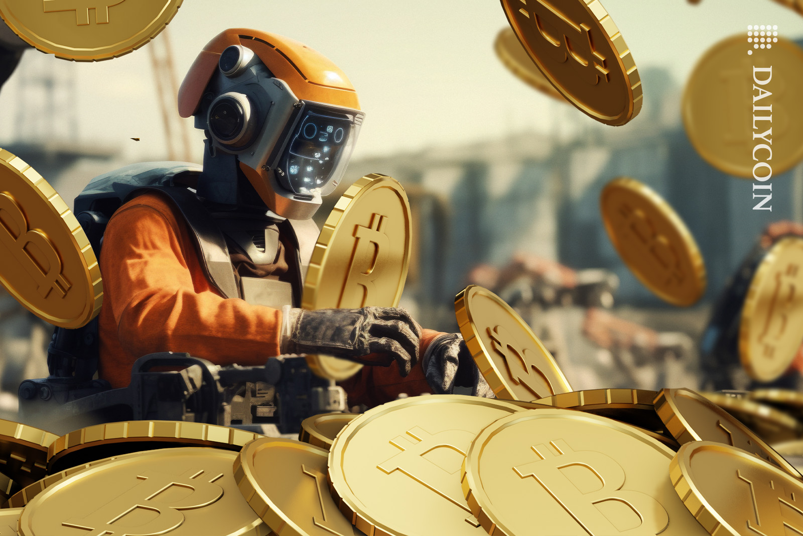 Bitcoin miner robot getting overwhelmed with the amount of bitcoins that need to be sorted.
