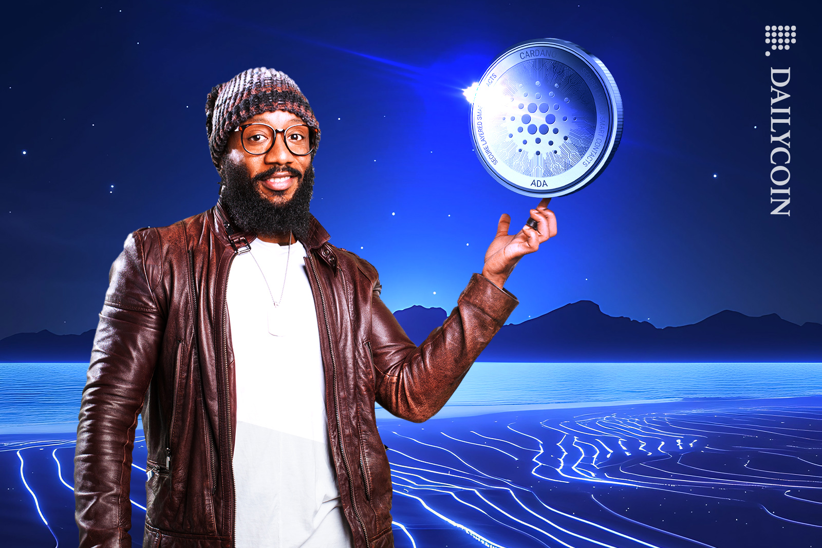Happy man holding Cardano coin.