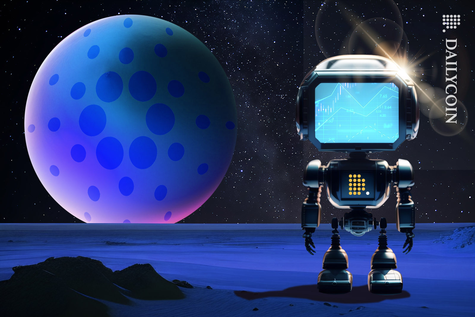 A small space robot with Ciphera logo on his chest looking at a tiny planet.