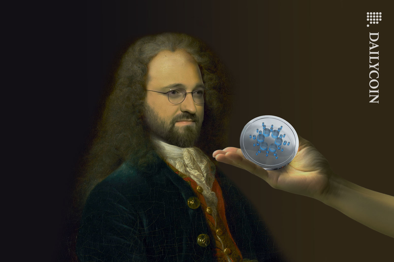 Charles Hoskinson dressed as Voltaire being presented with a Cardano coin.