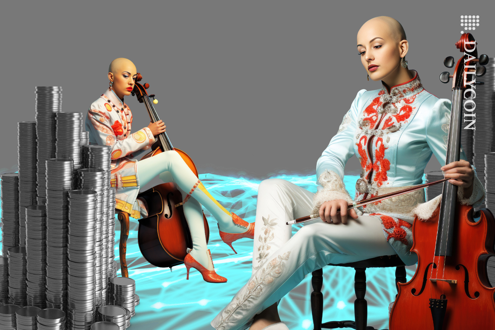 Women sitting with cello's looking at how to deal with coin bids.