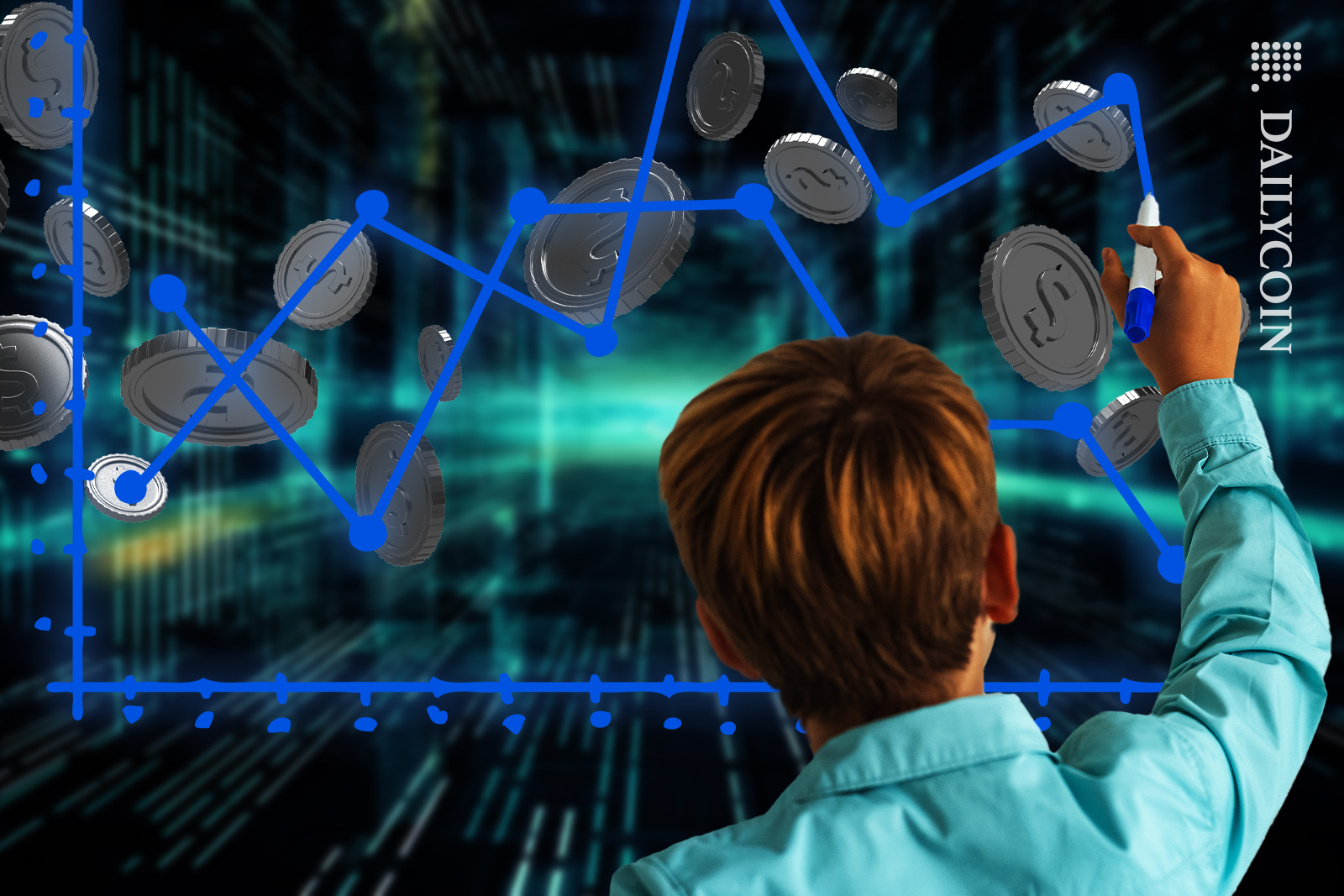 Boy drawing a line chart with crypto coins floating in the middle.