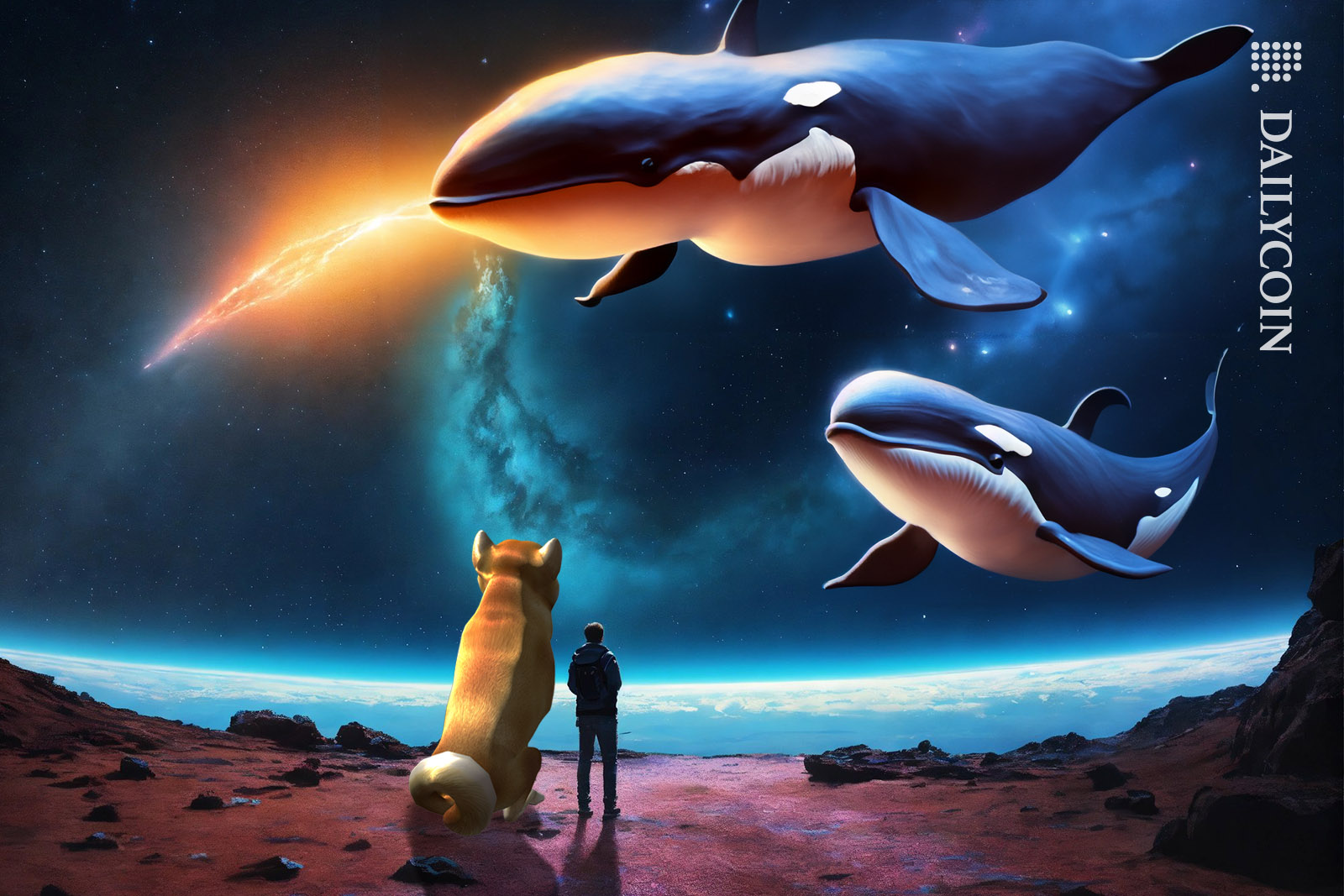 Whales in space signaling to Shiba Inu's mascot Shiba dog.