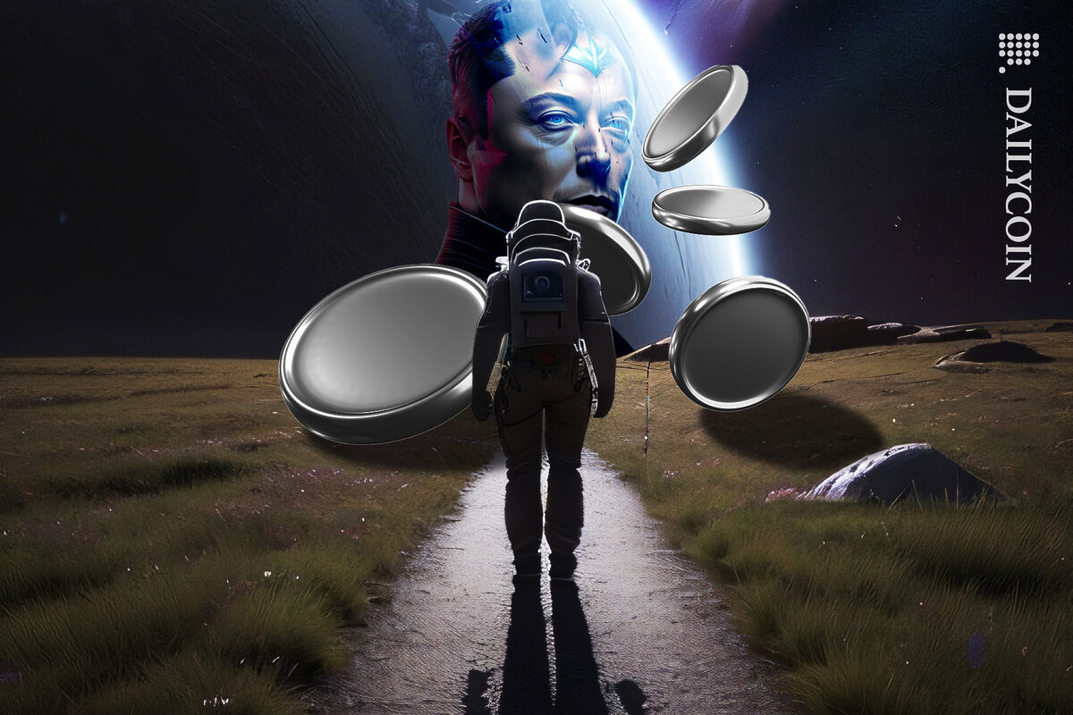 Spaceman walking towards the Elon Musk planet of GROK.