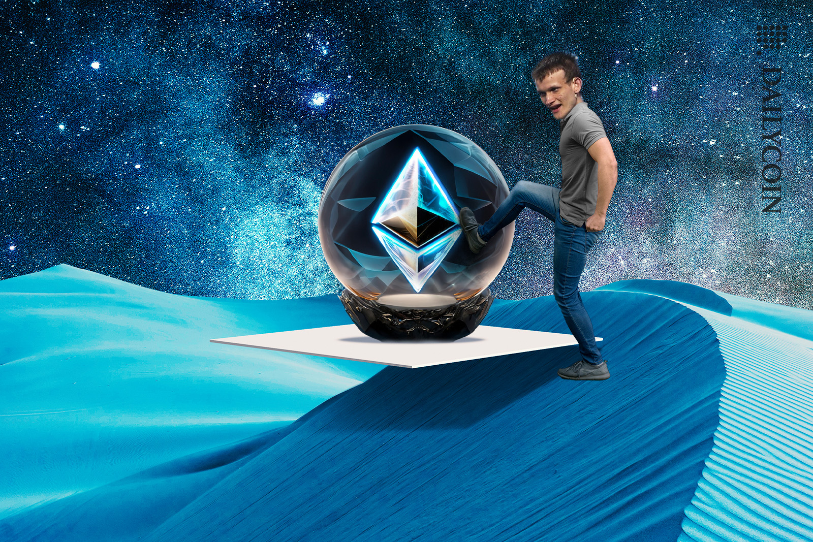Vitalik Buterin pushing his ETH on a platform.