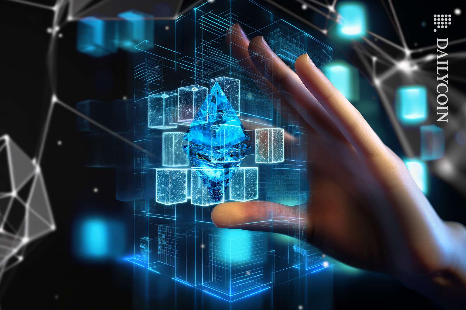Hand taking out a piece of technology with Ethereum gem inside.