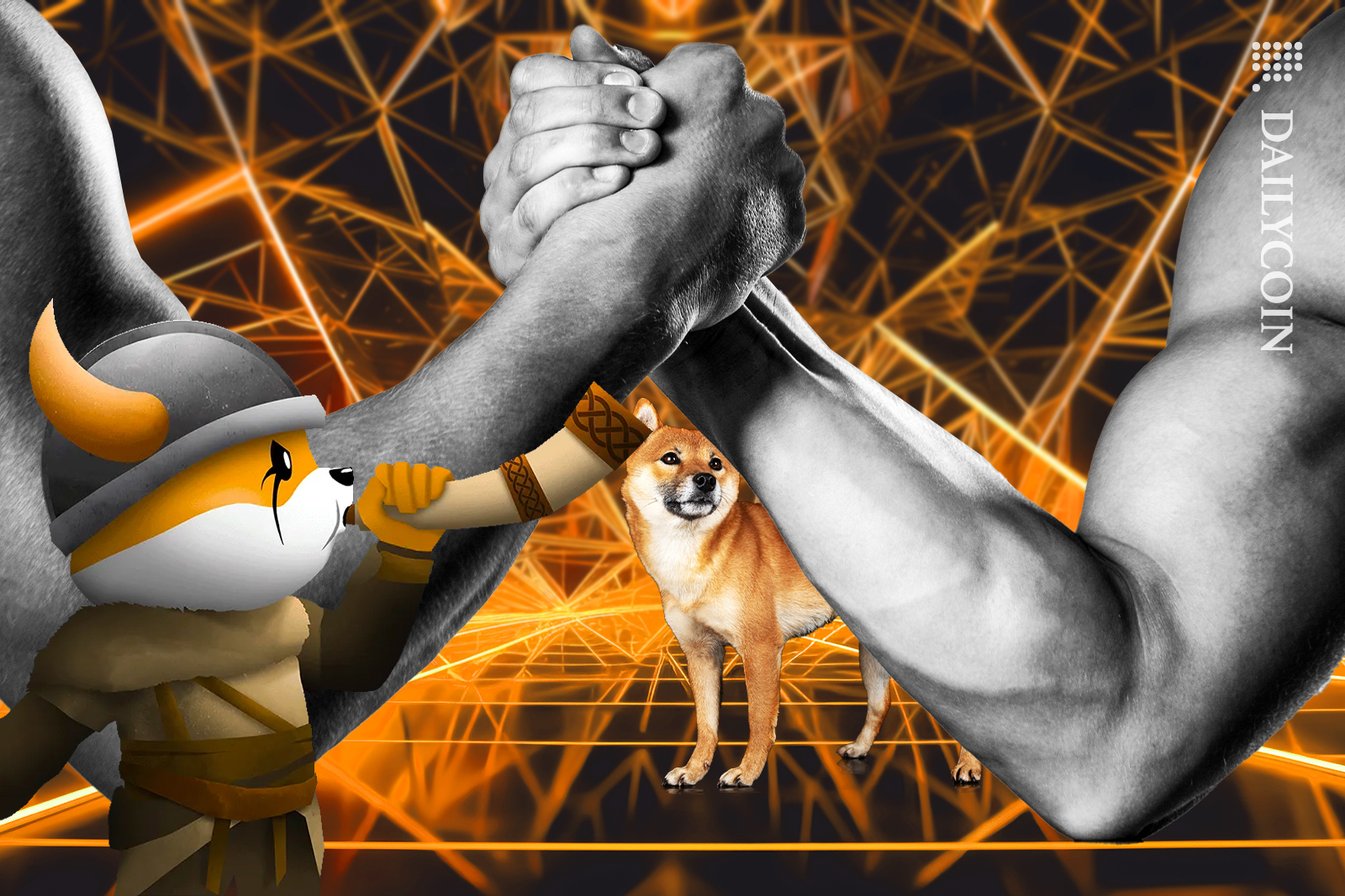 Floki versus Shiba inu in arm wrestle.