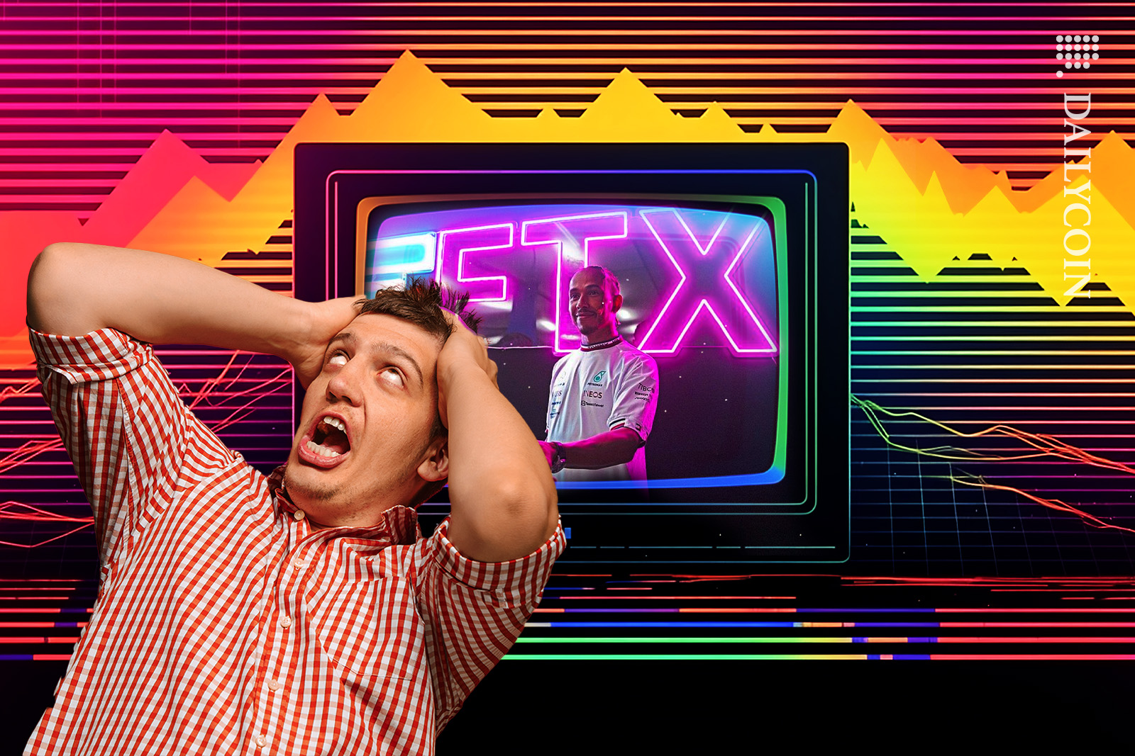Man being all dramatic next to a TV showing Lewis Hamilton next to a massive FTX neon sign.