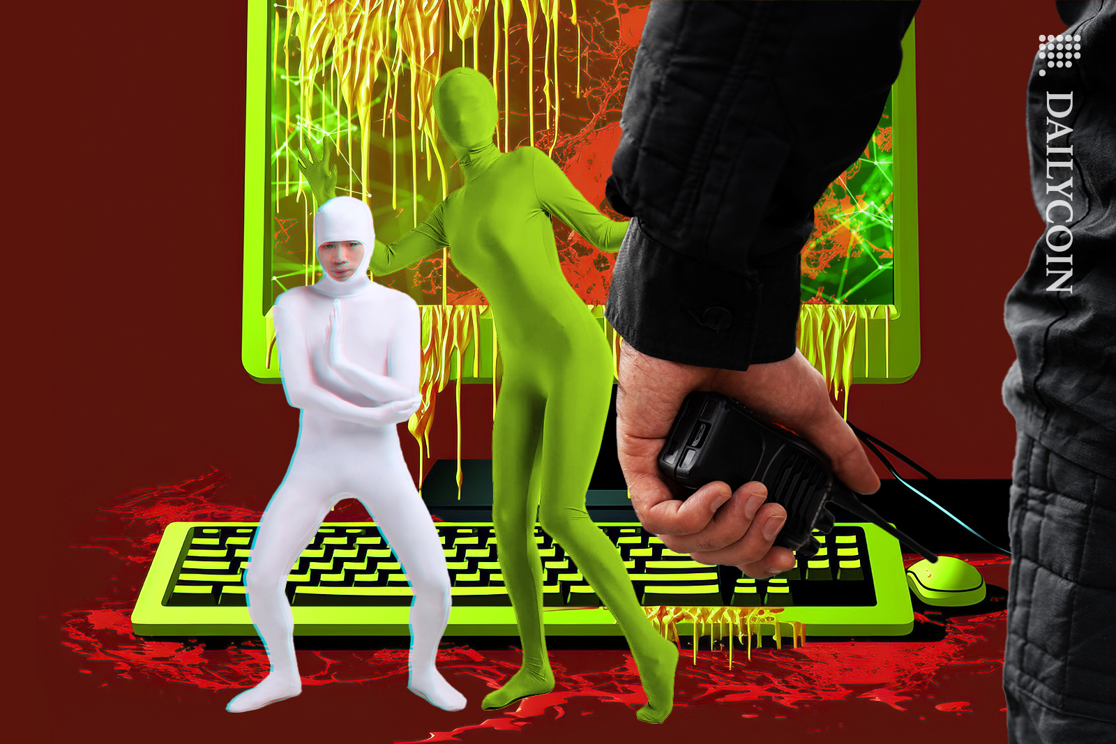 Two criminals getting cought messing with someones computer.