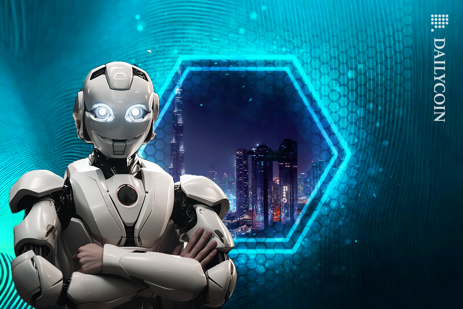 Robot smiling, standing next to a digital Hexagon which shows Dubai landscape.