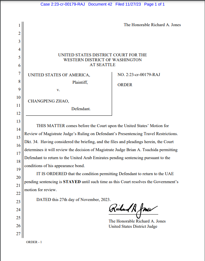 Court order restricting CZ’s UAE return till the end of court review.
