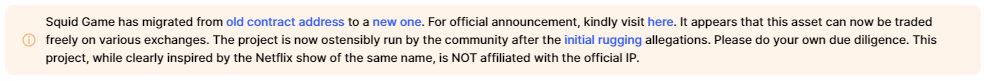 A statement about SQUID on CoinMarketCap.
