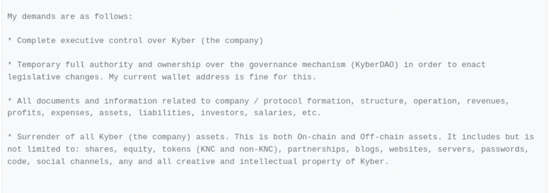 An extract from the KyberSwap hacker's list of demands.