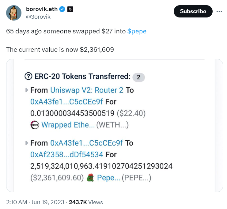 X post about Pepe transactions.