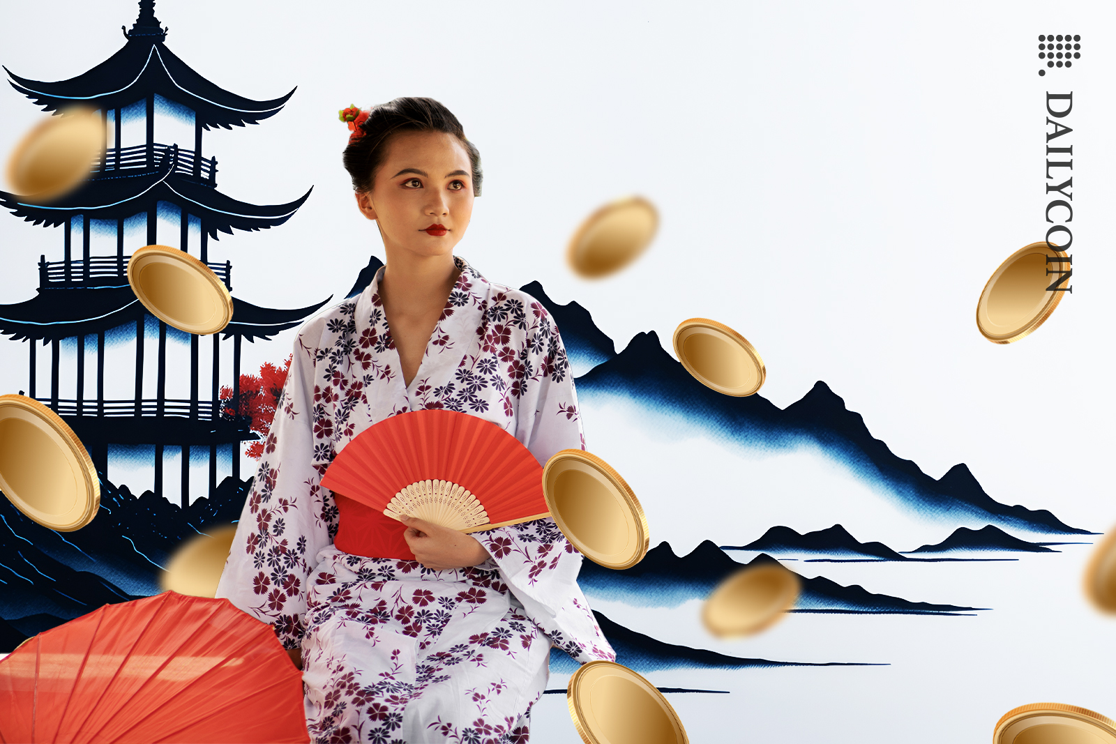 Digital coins falling in Japan surrounding a girl standing in traditional clothing.