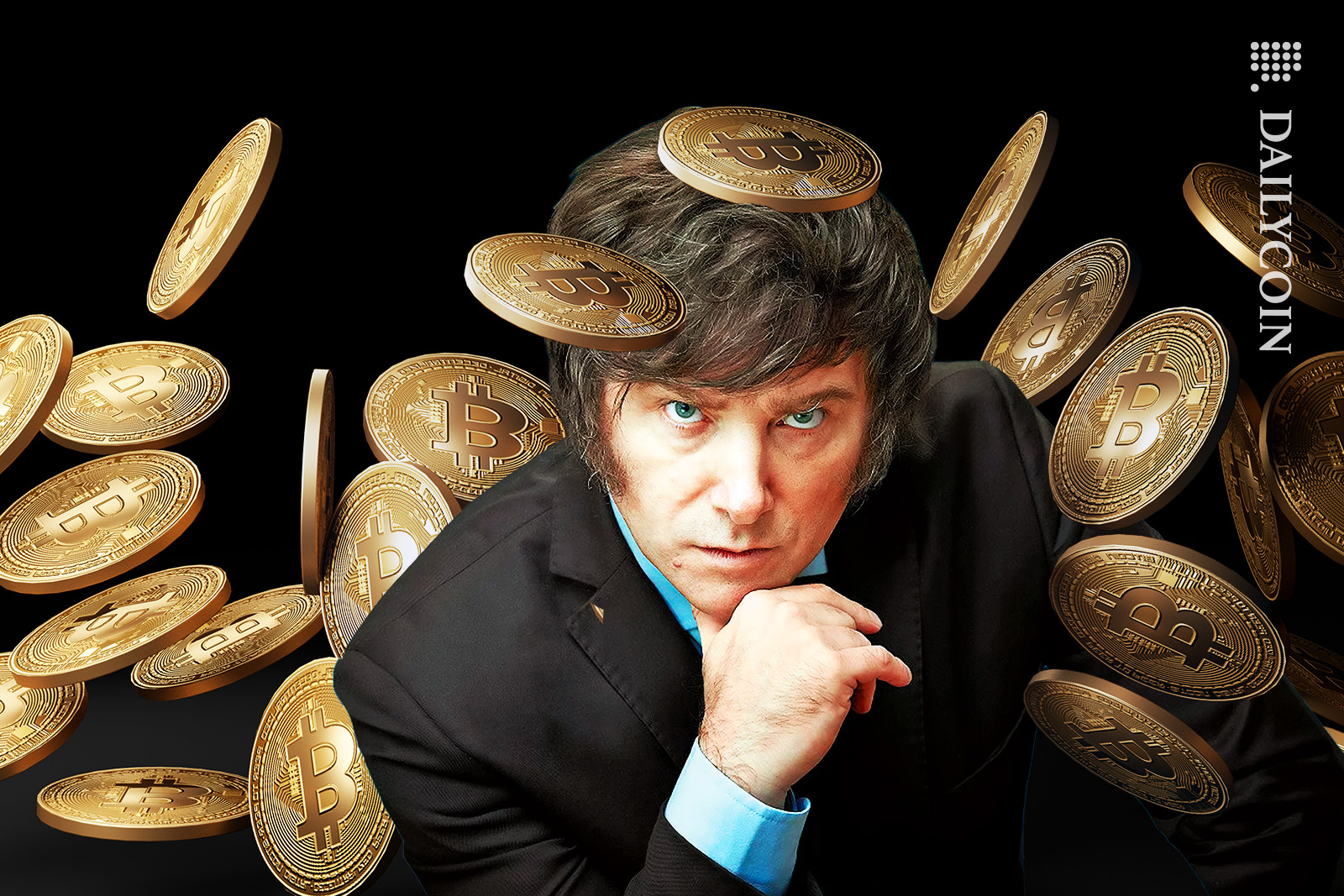 Javier Milei with plenty of bitcoins all over him.