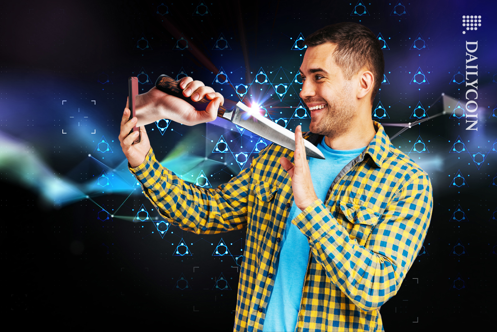 Guy waving hello a killer app, trying to cut him with knife.