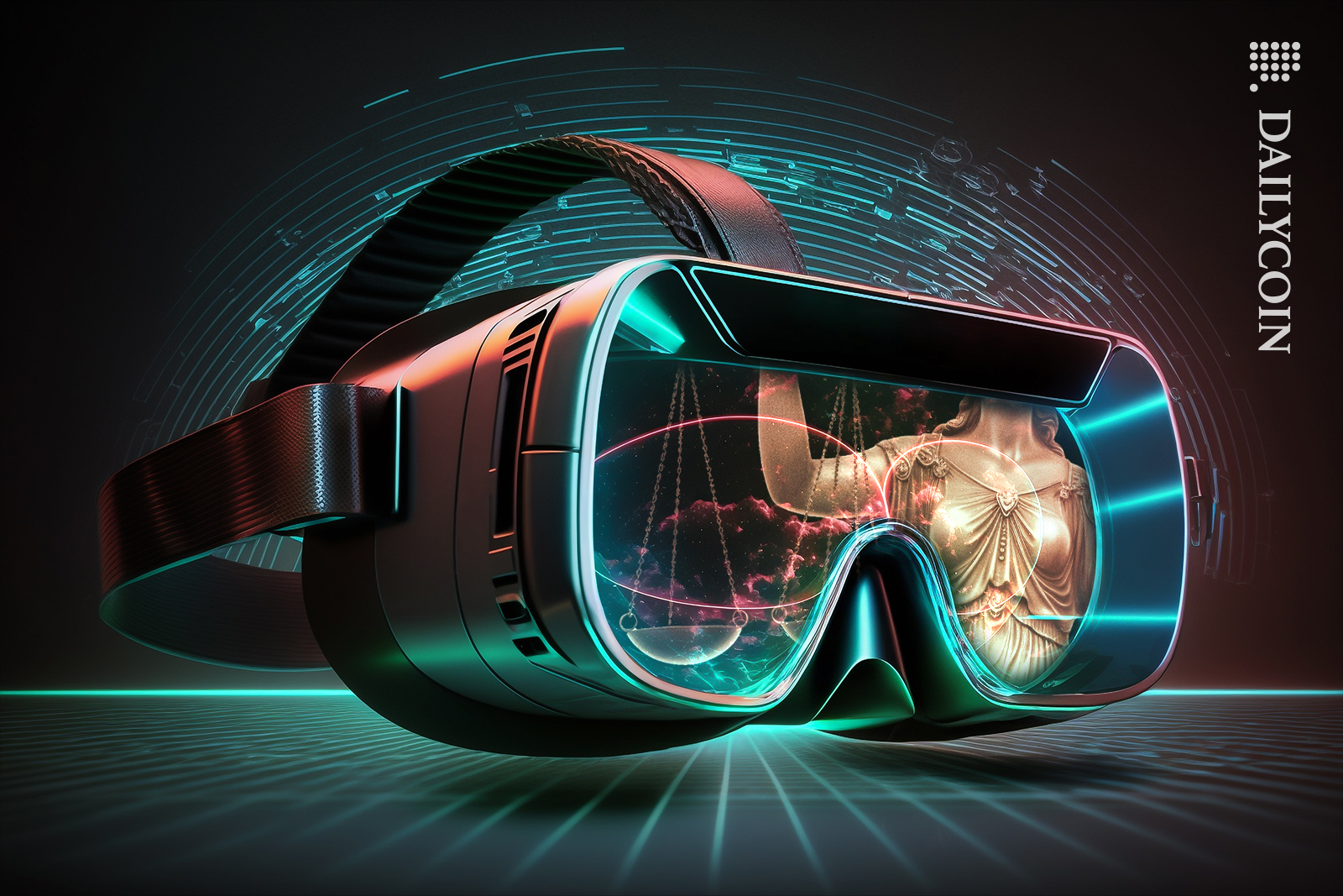 VR glasses with a reflection of lady justice.