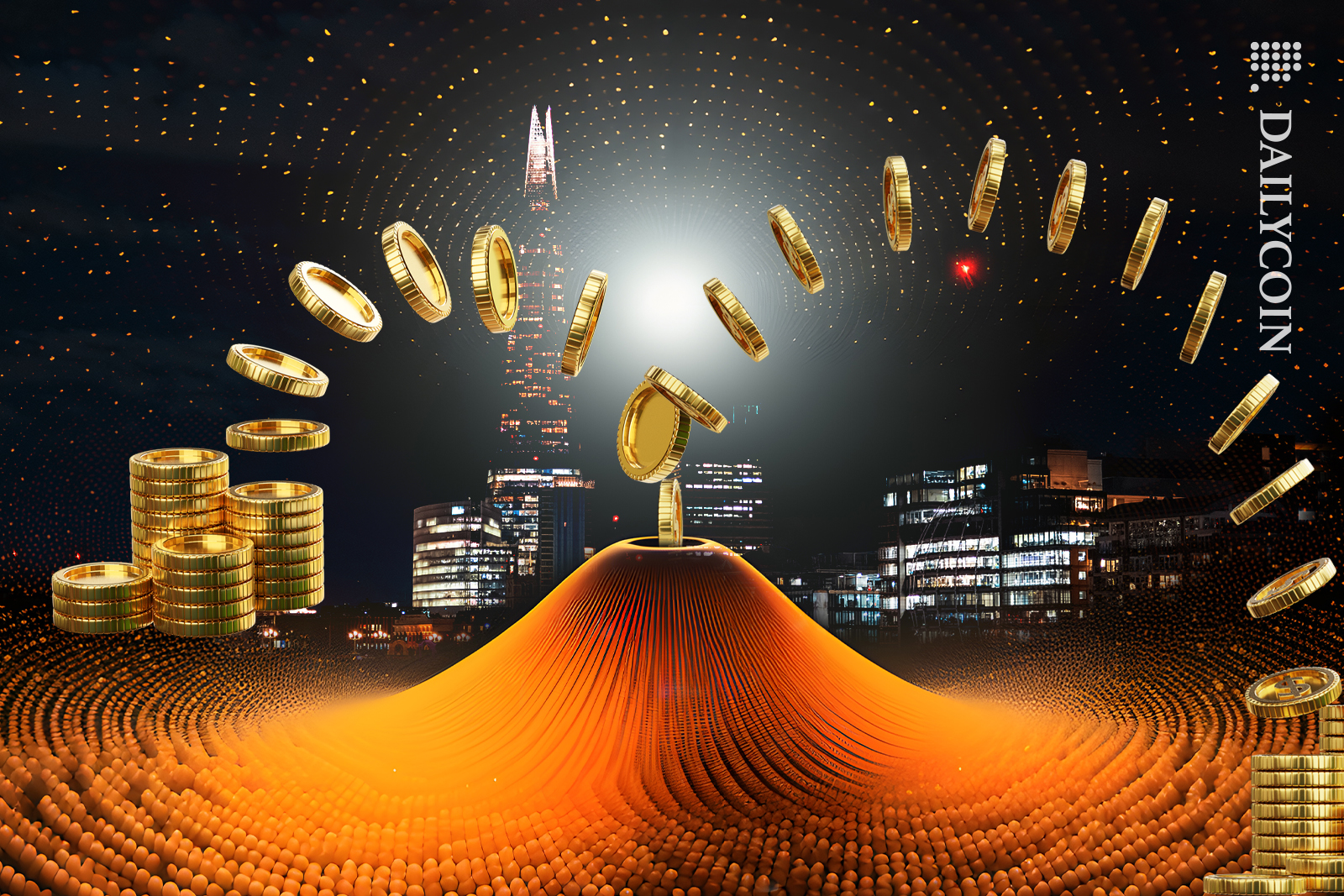 Digital volcano spitting out digital coins in New York.