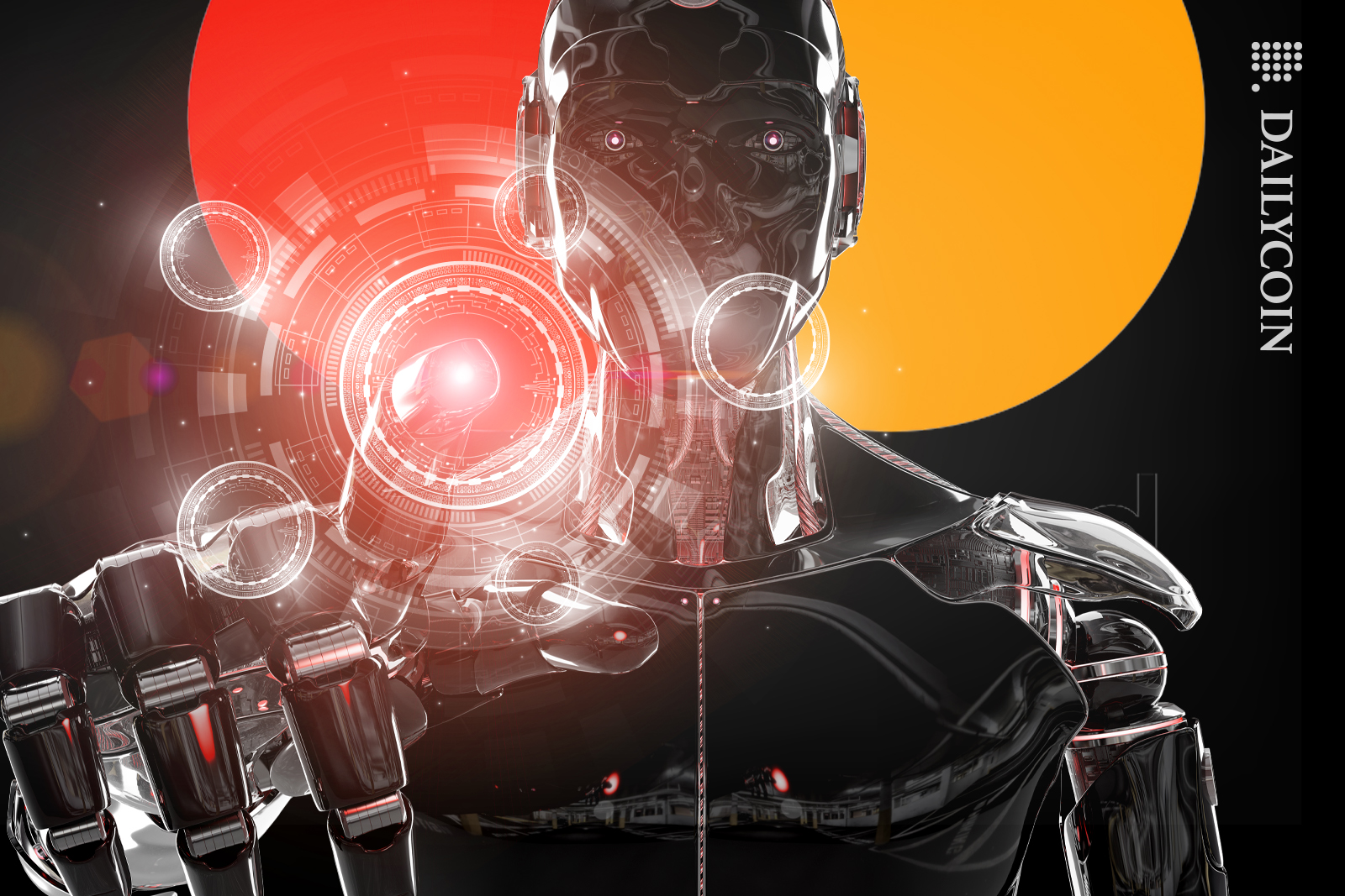 Robot from Mastercard looking at digital coins.
