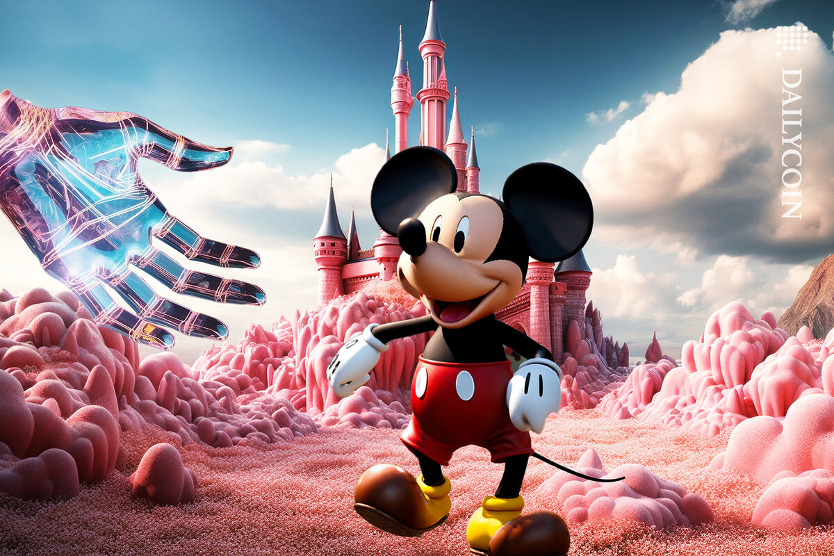 A digital hand envites Disney character Mickey Mouse on a journey.
