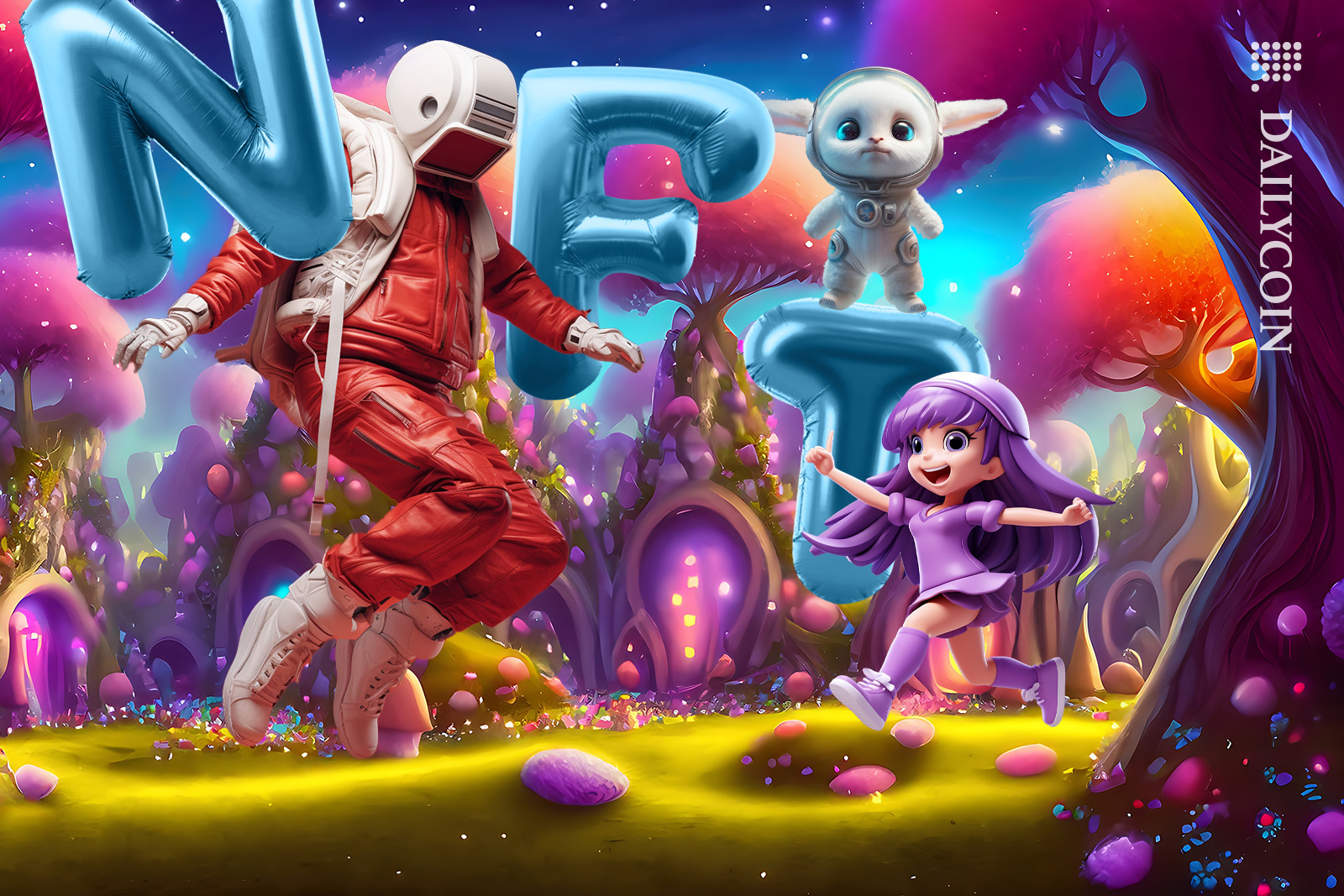 Different NFT characters celebrating in the magic fantasy land.