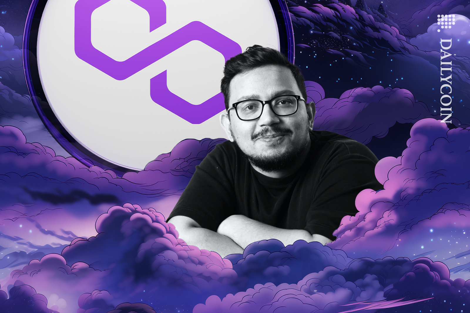 Sandeep Naiwal in the clouds with a Polygon MATIC coin.