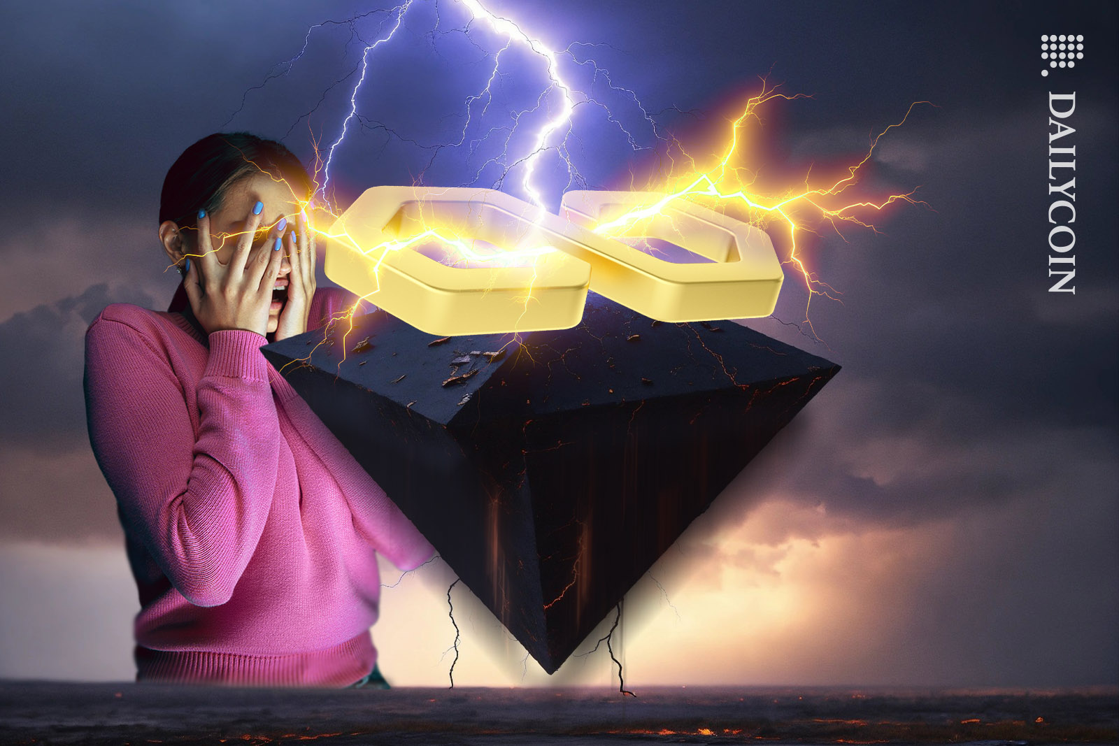 Woman shutting her eyes scared worried whats happening to Polygon MATIC.