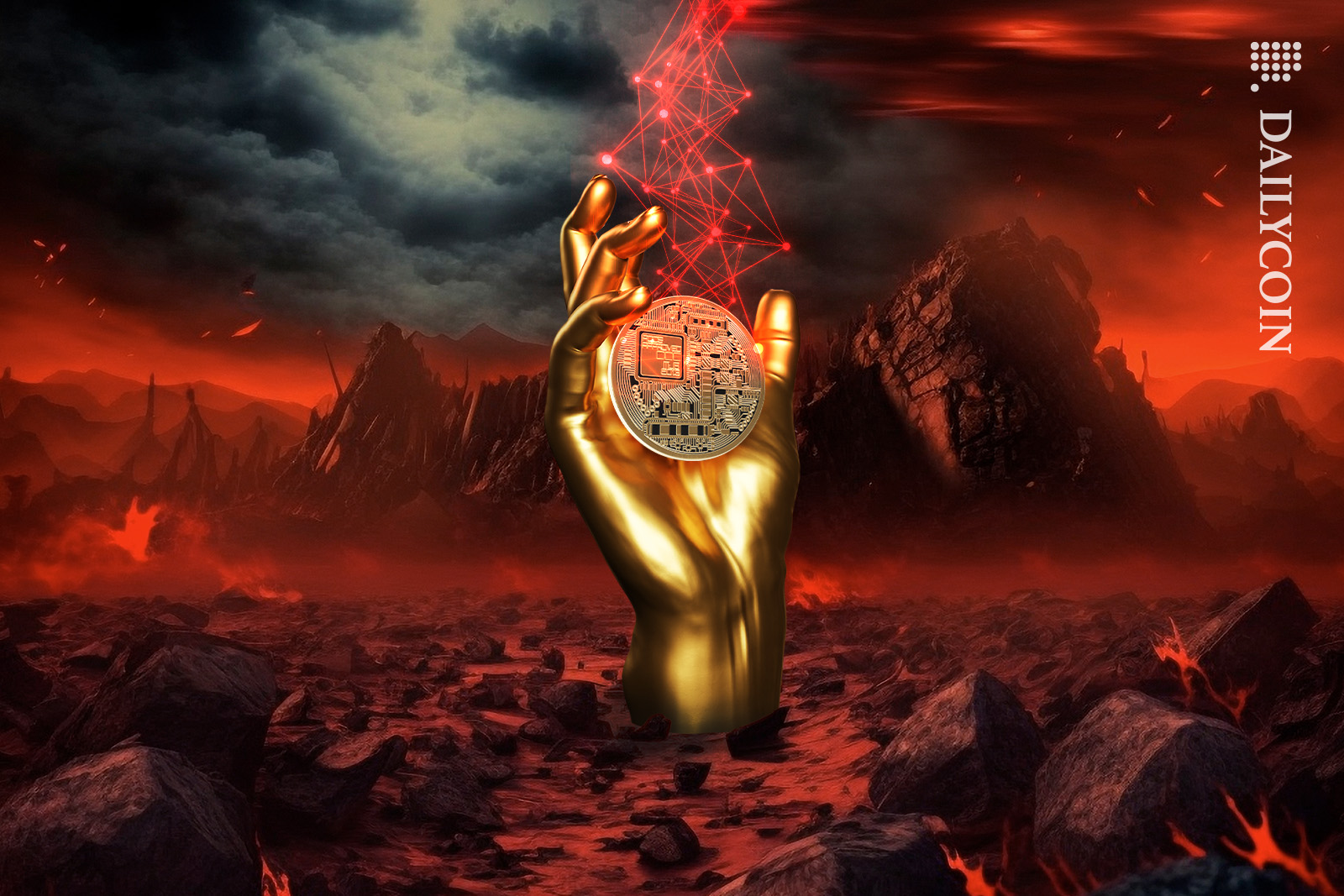 In the midst of red lava a cryto coin rises from the ashes.