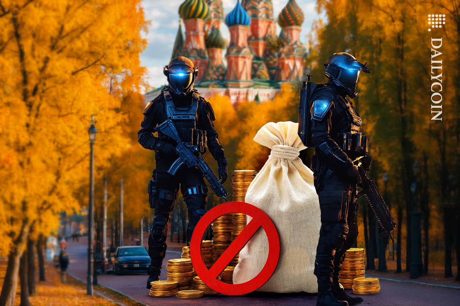 Two policemen confiscating funds in Moscow.