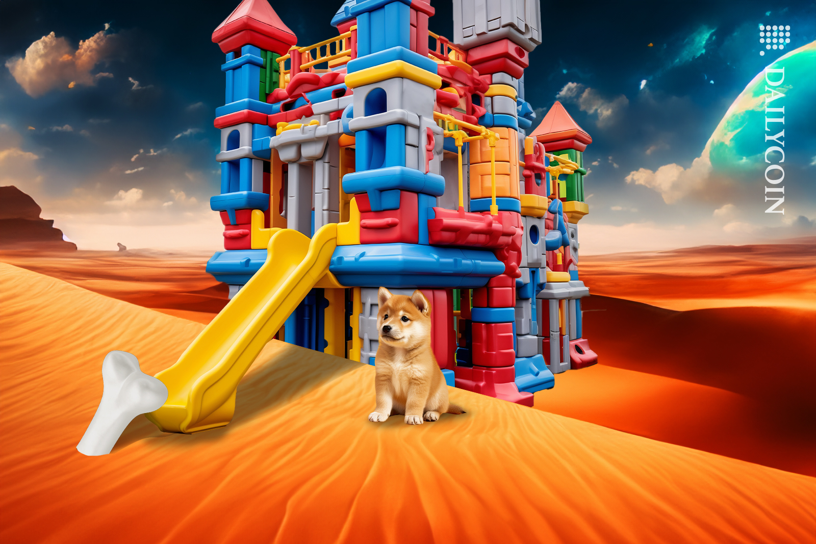 Baby shiba on on bottom of a desert seeing a BONE stuck in the sand that came sliding down from the slide.