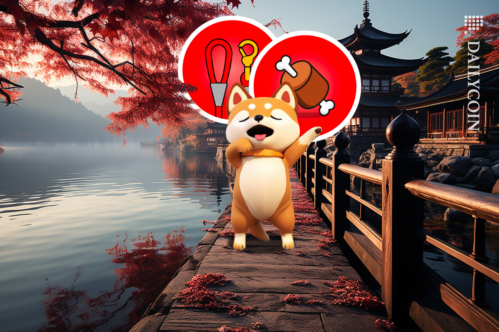 Shiba inu celebratind LEASH and BONE.