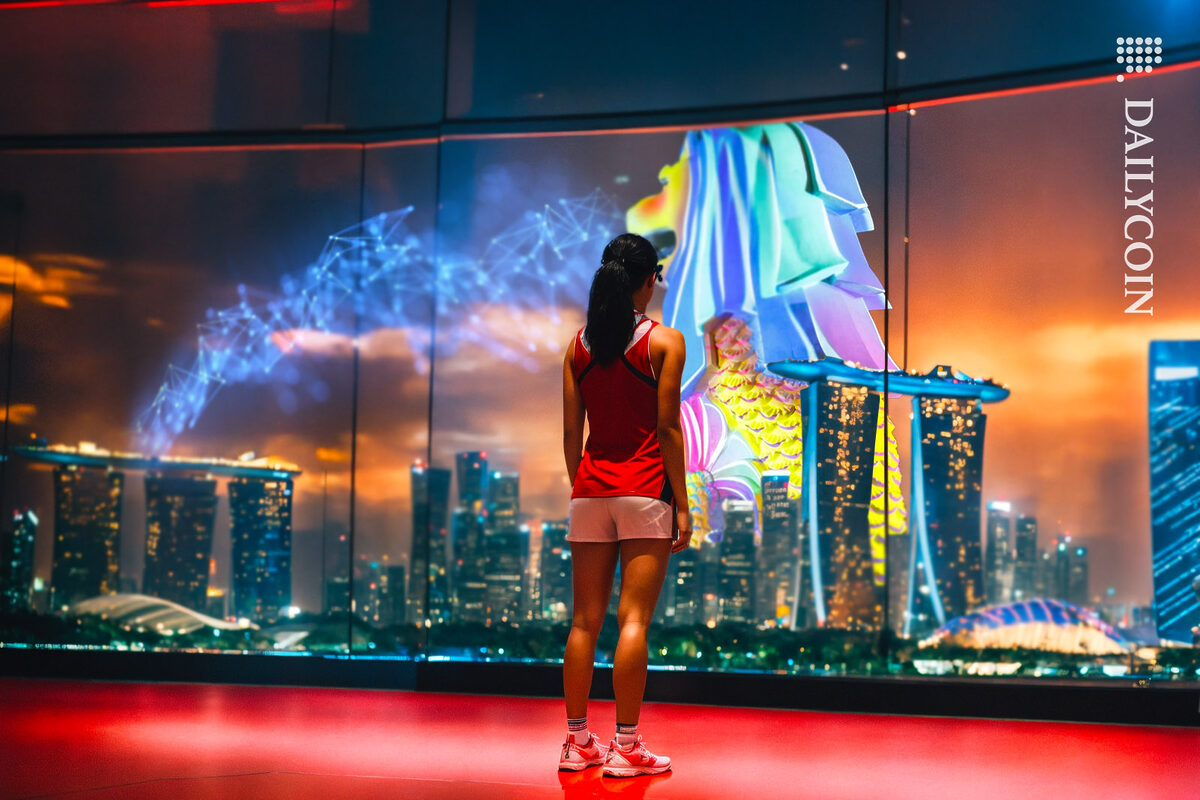 Girl watching Singapore panorama from a high building, and sees the Merlion sculpture spraying XRP Ledger out his mouth all over the city.