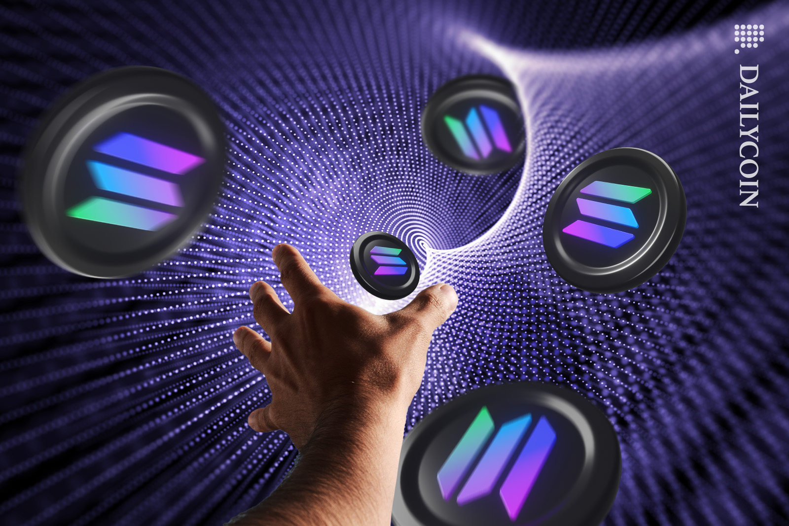 Hand moving Solana coins down a technology portal.