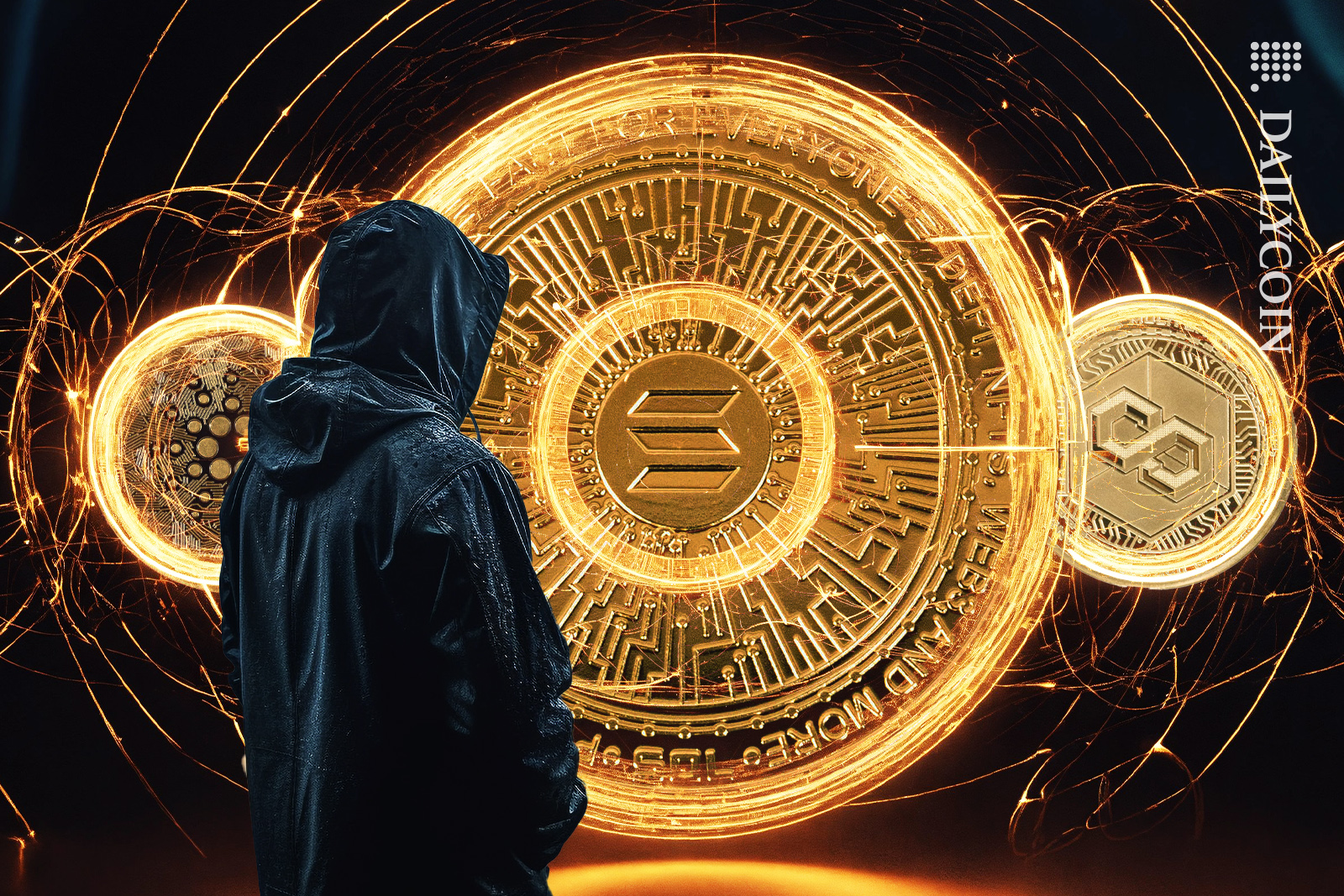 Man with a hooded jacket seeing SOL, ADA and MATIC coins in fire rings.