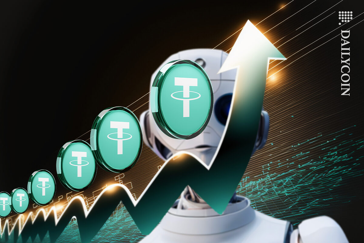 Robot looking at Tether jumping up and up.