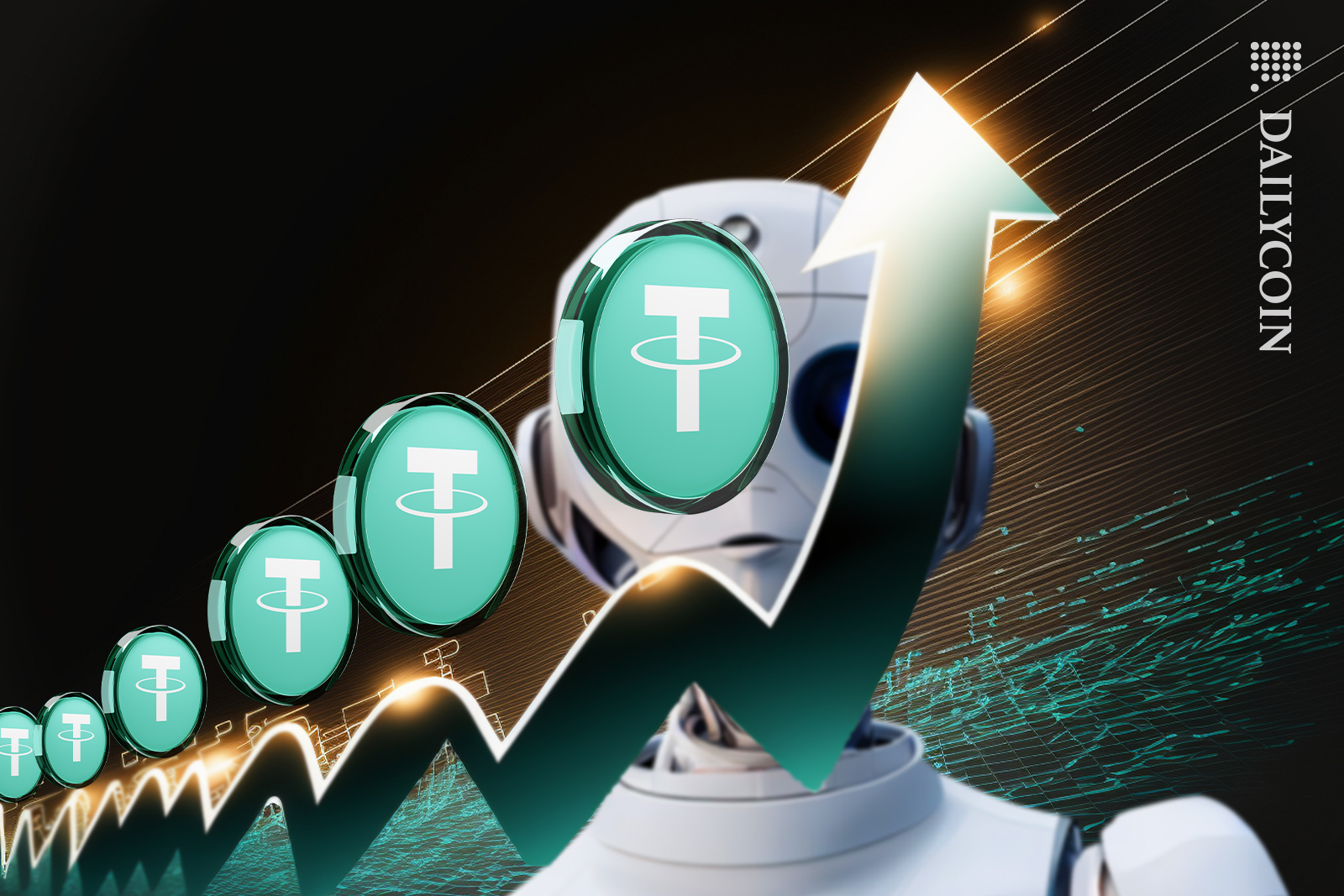 Robot looking at Tether jumping up and up.