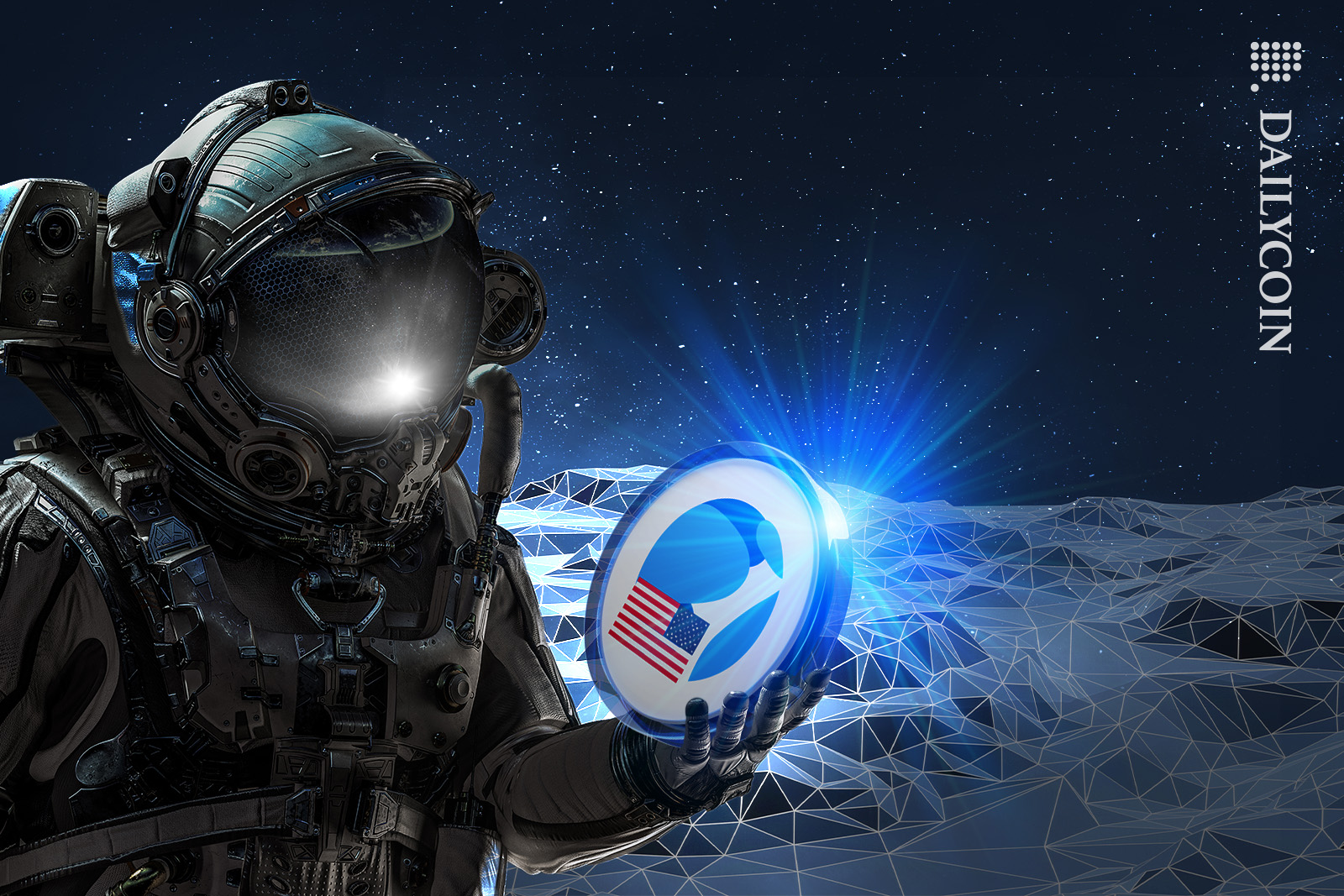 Astraunaut picks up USTC coin that is glowing in darkness.