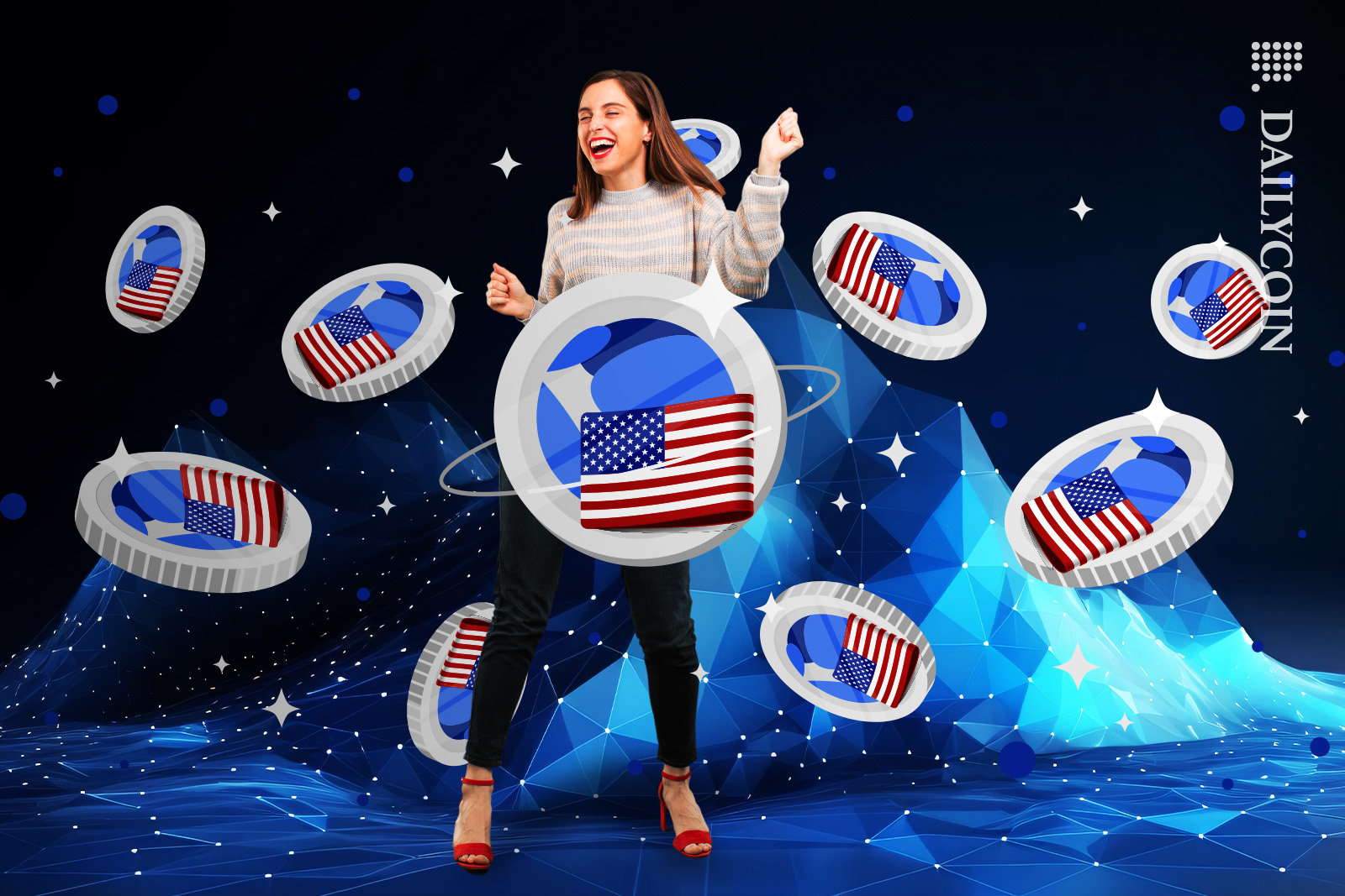 Woman dancing in between USTC coins.