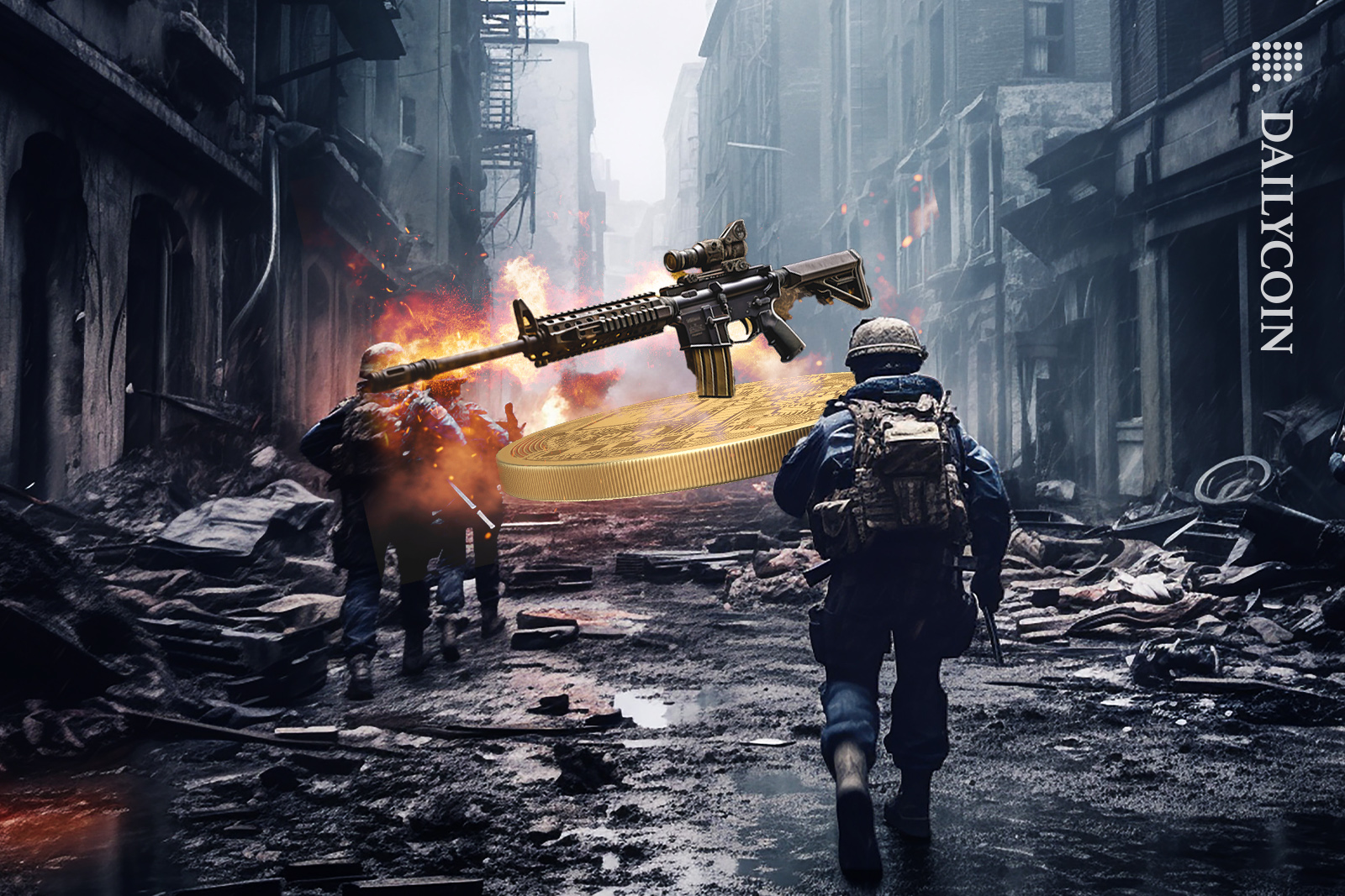 War zone and theres a gun ready to be bought with crypto.