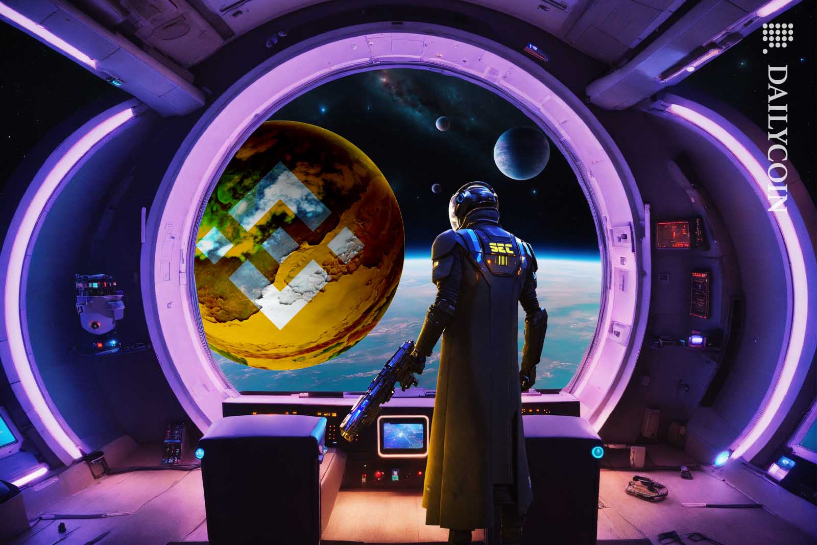 SEC attack space ship approaching planet Binance.